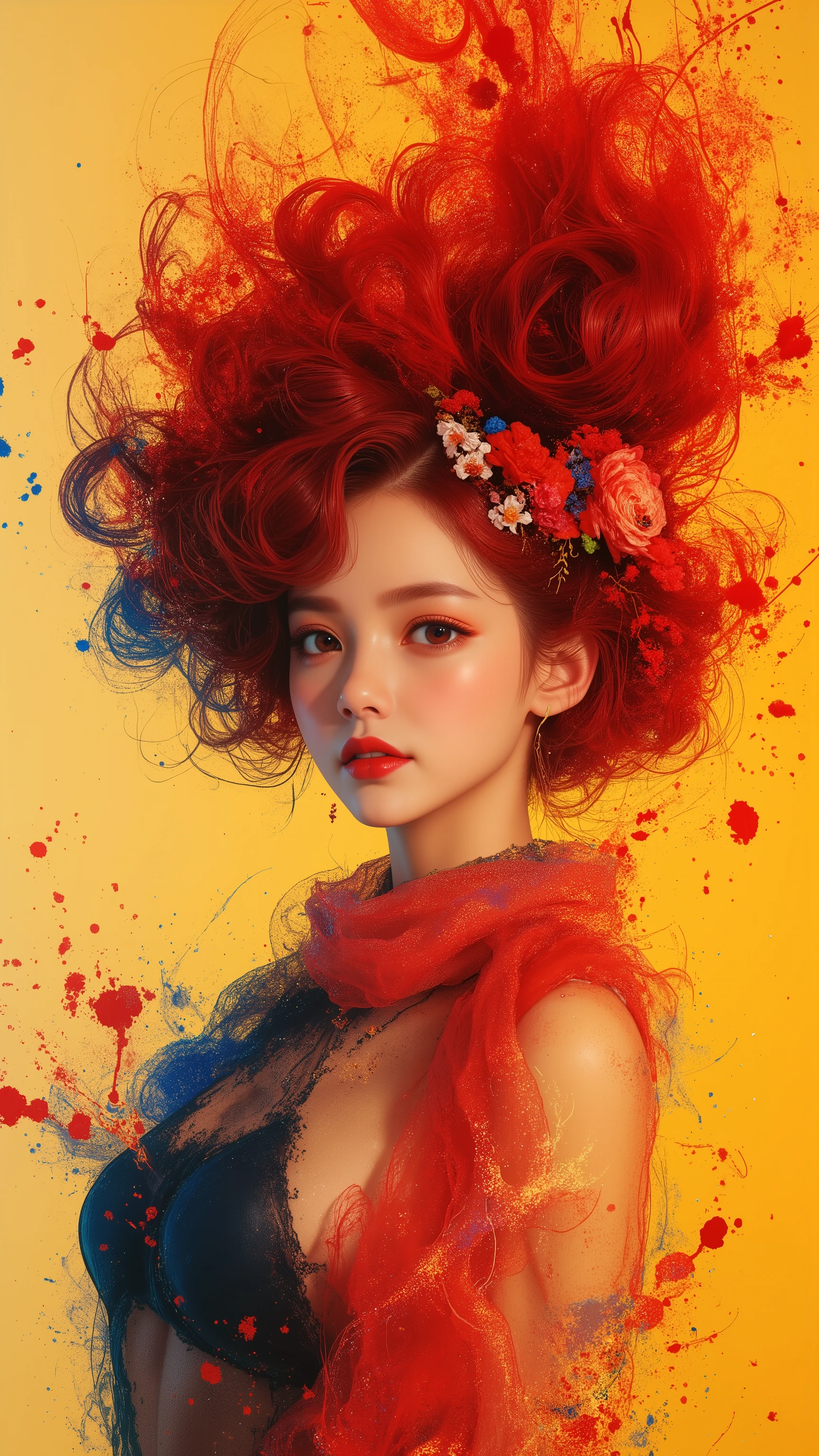 32K（tmasterpiece，K HD，hyper HD，32K）Large flowing curls，Flowing Rouge，Ponds，zydink， Farbe，  japanes（Stupid girl）， （Silk Scarf）， Big roll of rouge， Flowing rouge curls， avant-garde、psychedelic、 （Abstract ink splash：1.2）， Yellow lemon background，tiny waterfall（realisticlying：1.4），Rouge Hair，The background is pure， hight resolution， detaileds， RAW photogr， Sharp Re， 「Nikon D850 Film」Stock photo of Jeffries Lee 4 Kodak Portra 400 Camera F1.6 shots, Rich colors, Ultra-realistic vivid textures, Dramatic Lighting, Unreal Engine Art Station Trends, Synestil 800，Big curls，Flowing Rouge、small tits、Slimed、A slender、Model body type、Abstract、artistic