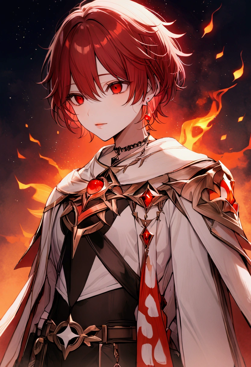 Male. Yandere. 4k. 8k. Best quality. White short hair with black strands. Dark red eyes. Wearing a white uniform suit, with black and crimson details. Flame wizard, has red accessories adorning her slim and tiny figure. Gems representing fire, a necklace and earrings. Background is night time. Crimson flames details.