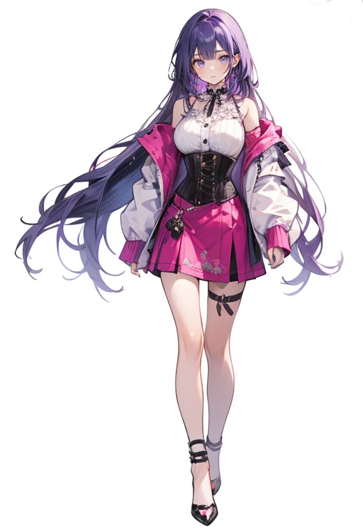 Girl with purple hair , long hair, shirt ,(corset,)skirt,high heels,((oversized jacket showing shoulders)),(Simple white background),whole body,((full body)),Standing photo,