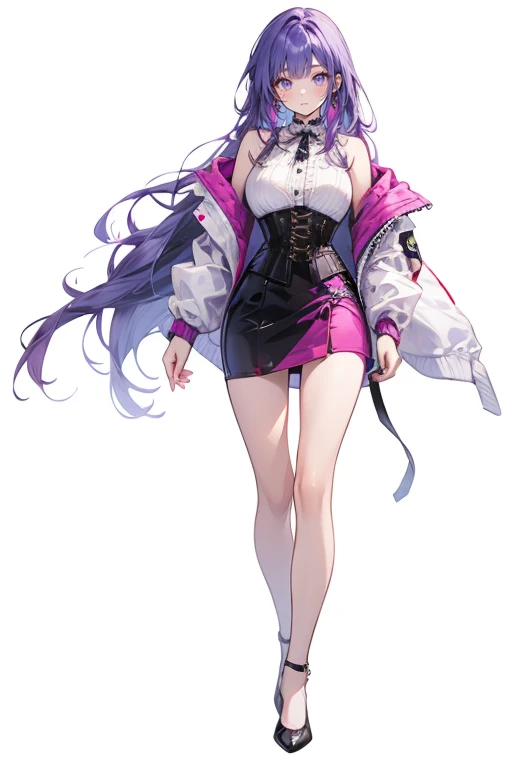 Girl with purple hair , long hair, shirt ,(corset,)skirt,high heels,((oversized jacket showing shoulders)),(Simple white background),whole body,((full body)),Standing photo,