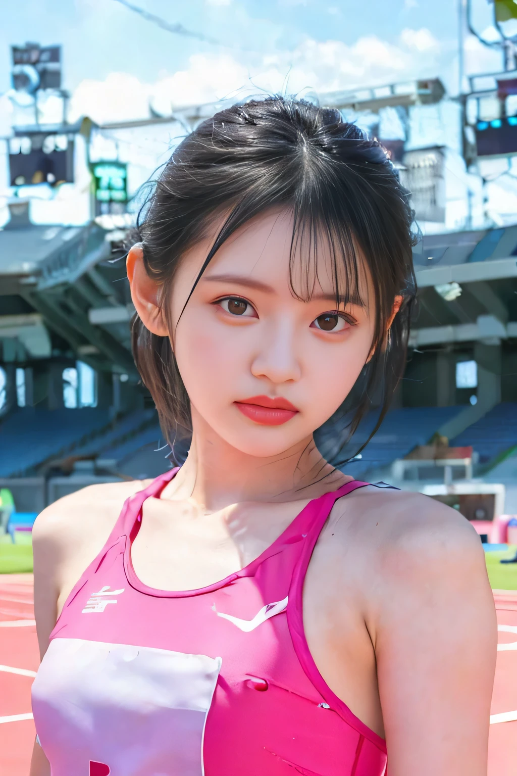  (8k,  RAW photo,  top quality , masterpiece:1.3), ( realistic , photo- realistic :1.4), (Highly detailed 8k wallpaper),  Sharp Focus,  Depth of Written Boundary,clavicle, Track and Field、Red track and field uniform、 sexy、
  Japanese idol , so cute,(baby face),,  highly detailed face and eyes ,(( glowing skin:1.2)),  movie lighting, Soft light, ,Track and Field,  Olympic venues
