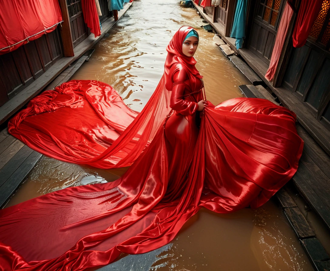 a woman in the translucent silk red gown, wear outer bolero, satin sheet, nipple on with nipple piercing, wear modern hijab, full body, long satin, red satin mermaid tight long gown, flowy dramatic long gown, tall women, double long train dress ( 4 meter long ) ,in a wet sidewalk, wear high heels, strugle to walk,having trouble with her gown, masterpice