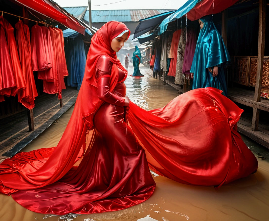 A woman shrouded in a 9-meter-long, plush red satin cloth, tightly bound and grandly draping along the form of her body, flowing off into a pooled floor-length train, styled in a mermaid-inspired outfit, her head modestly veiled in a satin hijab, 175 height woman, walk in wet traditional market, a full-body pose conveying a sense of elegance, captured in a 4k resolution, ultra-realistic