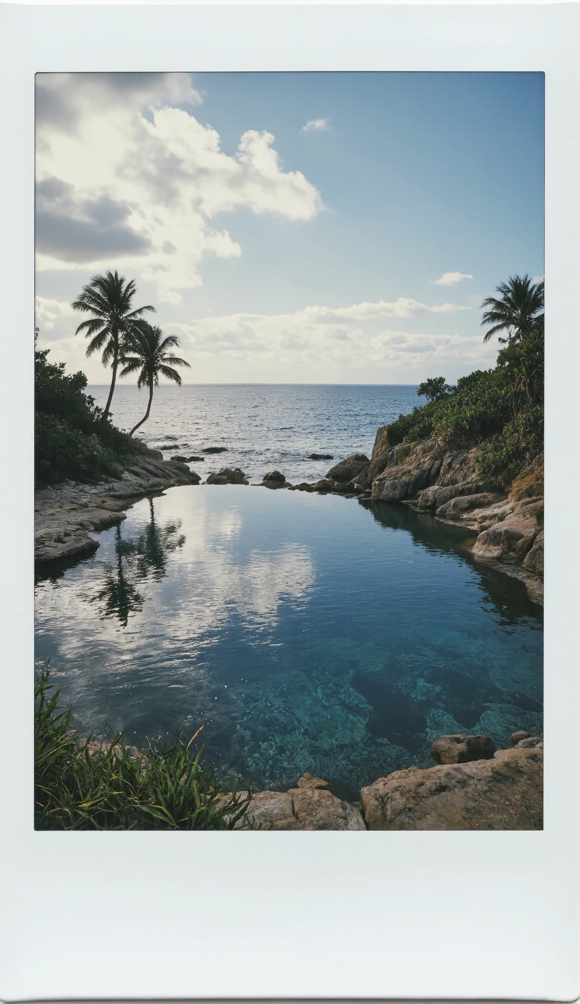 polaroid photo of a paradise pool in the crystal ocean at dawn, real photography, overexposed, underexposed