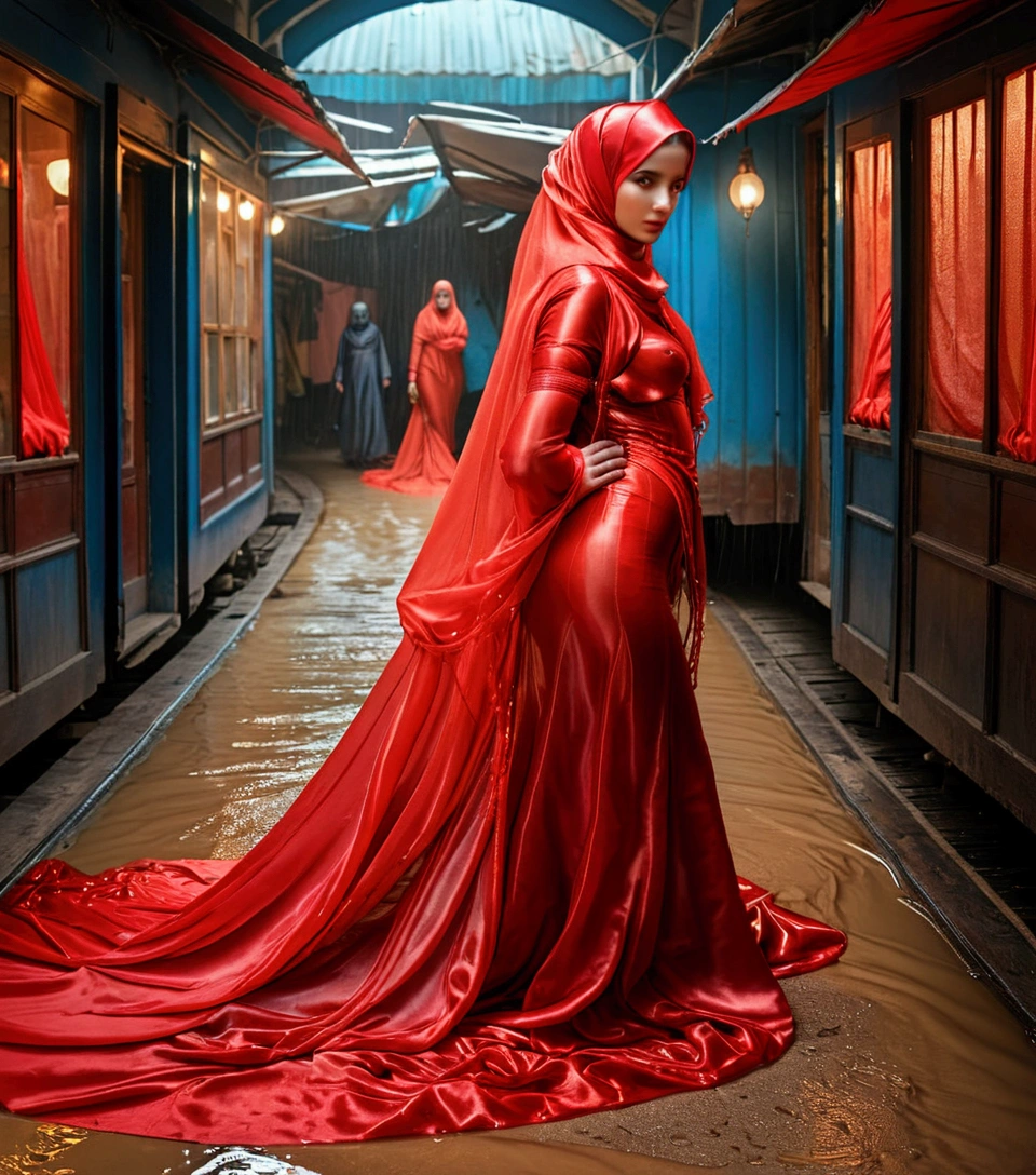 A woman shrouded in a 9-meter-long, plush red satin cloth, tightly bound and grandly draping along the form of her body, flowing off into a pooled floor-length train, styled in a mermaid-inspired outfit with ballon sleeve, her head modestly veiled in a satin hijab, tall woman, walk in wet traditional market, a full-body pose conveying a sense of elegance, captured in a 4k resolution, ultra-realistic
