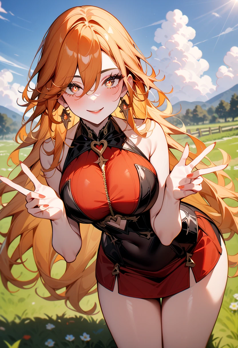  masterpiece ,  best quality , newer, 1 girl,  looking at the viewer ,  gunman shot ,
monte_dama, Ojos rojos,  blond hair ,  long hair, perforar el cabello, bright pupils,
 big breasts , Lips, smile, Heart with fingers, 
outdoors, Grass, landscape, cloud, Sunlight, field, summer,  traje de baño de dos piezas