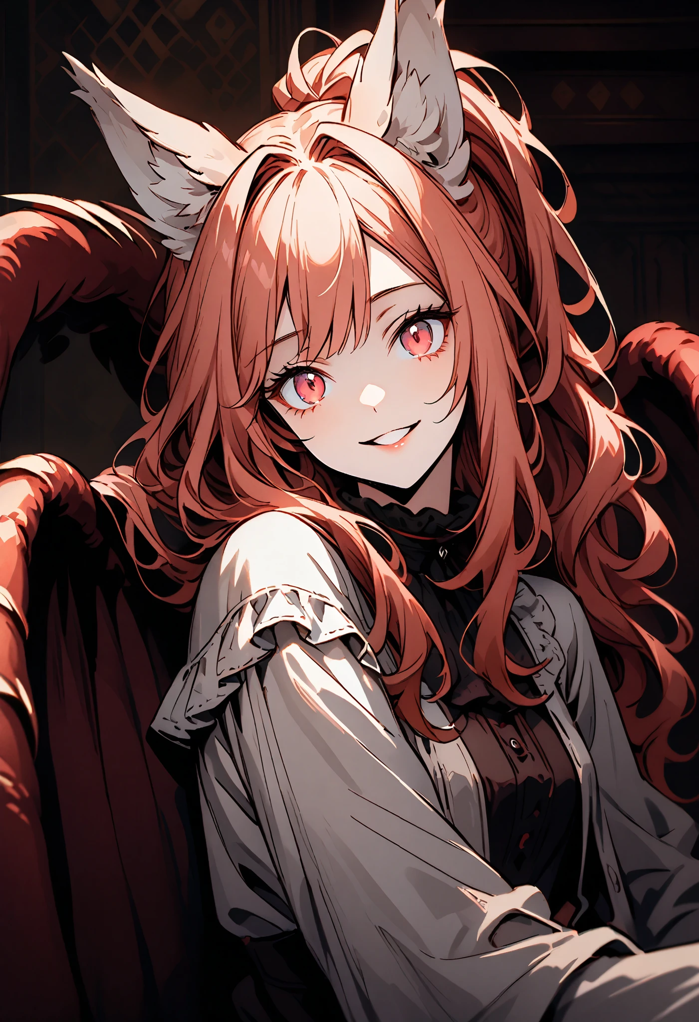 solo, close up, female, red eyes, light red hair, long wavy hair, ponytail, neat straight hair, ManticoreMGE, monster girl, prehensile tail, animal ears, fur, wings, claws, victorian, young, sitting on couch, looking up at viewer, casual clothes, from side, wide smile, indoors, wide open eyes, head tilt, excited