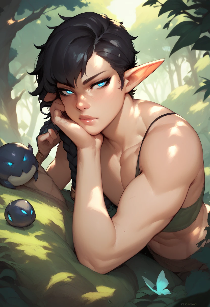 Humanoid creature, gray skin, elf ears, blue eyes, short purple hair, resting on a tree