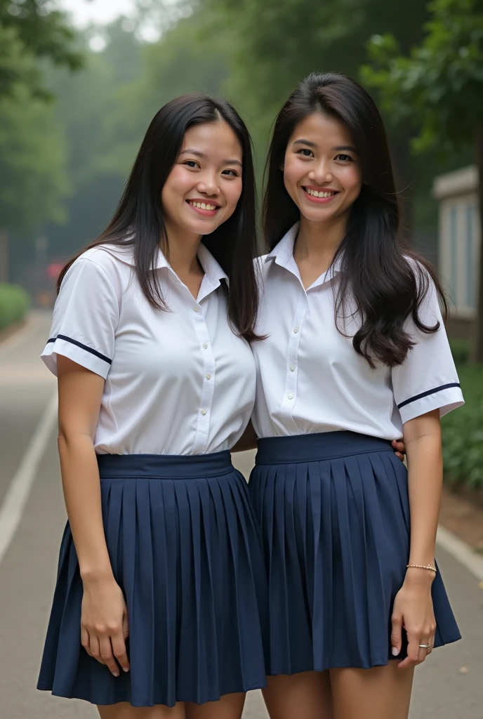 Two beautiful female students: the first Thai female student, aged 18-19 years old, wearing a Thai school uniform; the second Lao female student, aged 18-1, wearing a Lao school uniform, standing for a photo, smiling beautifully, a picture of a person.