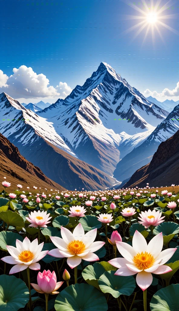 The majestic Tianshan Mountain , snow lotuses bloom like a wonderland , golden phoenix wants to fly , against the backdrop of snowy mountains, making it even more sacred, blue sky and white clouds intertwine , reveals fantasy in serenity , oil painting style ,Genres , long-range perspective , top light irradiates , interlaced light and shadow ,Ultimate image quality, with 8K resolution 。