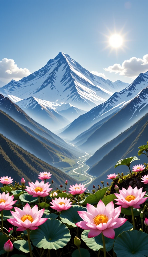 The majestic Tianshan Mountain , snow lotuses bloom like a wonderland , golden phoenix wants to fly , against the backdrop of snowy mountains, making it even more sacred, blue sky and white clouds intertwine , reveals fantasy in serenity , oil painting style ,Genres , long-range perspective , top light irradiates , interlaced light and shadow ,Ultimate image quality, with 8K resolution 。