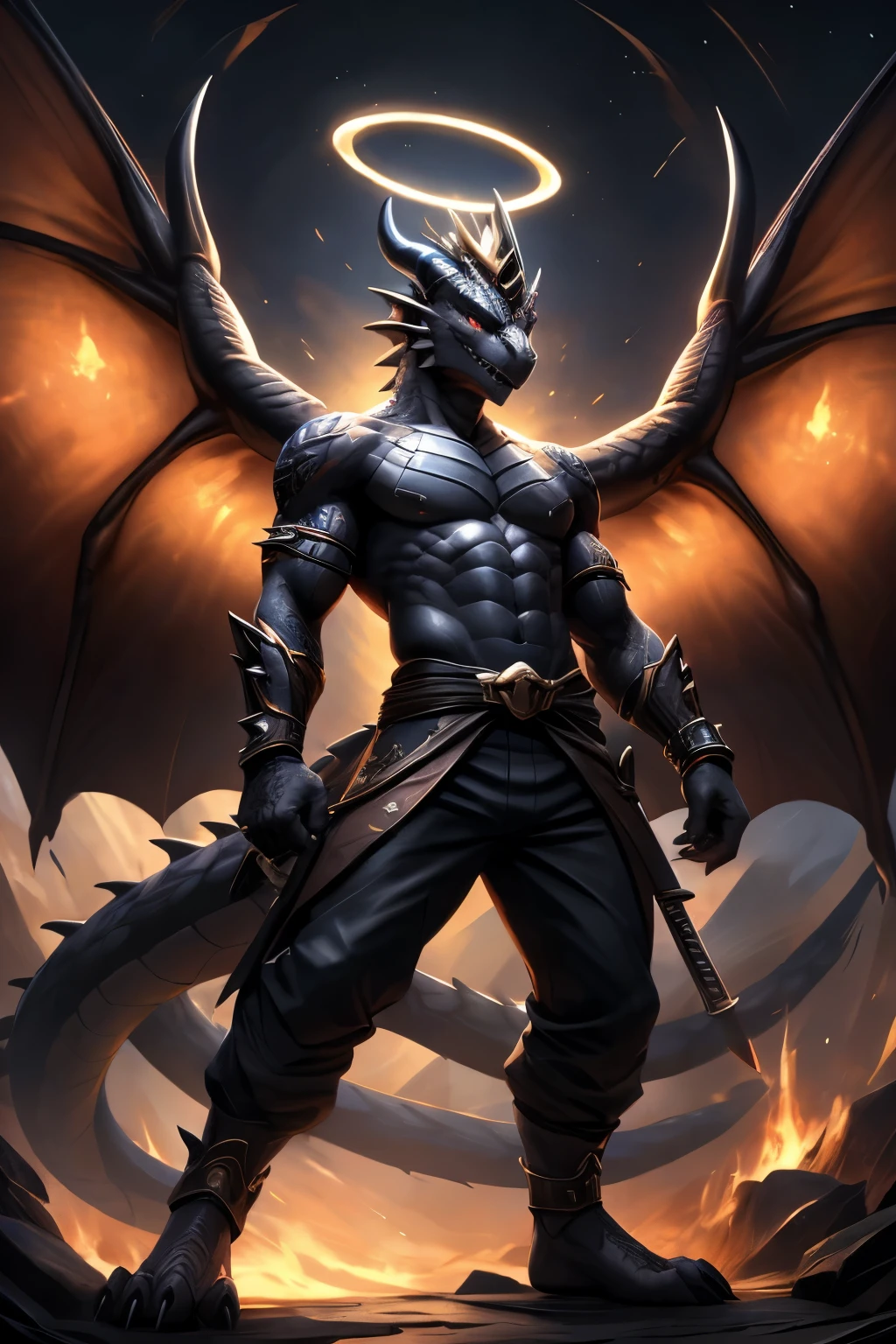 Final fantasy 14 male anthro bahamut, bahamut with huge dragon wings, masterpiece, HD, High quality. full body