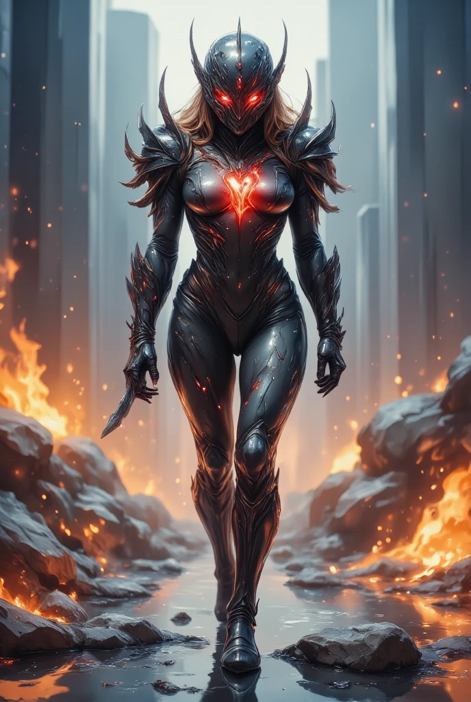 **(( create an image about a character walking in an apocalyptic landscape ))** 
" A female Kamen Rider in sexy revealing monstrous armor that symbolizes the number 07 ,  with a futuristic and hellish design .  The armor is translucent black with organic ,  like shiny veins that look like lava flowing under the surface .  In the center of the chest ,  a piece of magma in relief 3D pulses with intensity , looking alive ,  illuminating the surroundings with an incandescent glow .  

Os ombros,  elbows and knees are adorned with flames stylized in the form of sharp blades ,  that look like both weapons and symbols of power ,  details dancing with energy while exude intense visual warmth . On the feet,  pointed spurs project backwards ,  reinforcing the predatory and threatening appearance of the character .  

 The visor is completely made of liquid magma ,  emitting a light warm and undulating that forms a dynamic contrast with the rest of the dark armor.  The feminine features are highlighted by a slender and agile silhouette ,  while the details of the armor convey strength and grandeur .  Elements of flame and magma run through the design ,  unifying the visual in a cohesive and terrifying way ,  with a style that mixes horror ,  advanced technology and mysticism ."