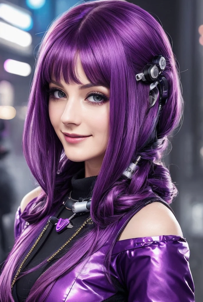 Immagine iperrealistica di una donna bellissima stile cyberpunk, capelli lunghi e viola, Smiling face, con dei vestiti ispirati a babbo natale ma di colore viola