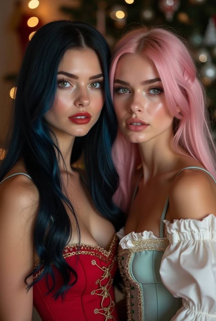 a beautiful biracial latina woman with light blue hair and light blue eyes, voluptuous breasts, standing next to a beautiful white woman with green eyes and pink braided hair, also with large breasts, both wearing lace lingerie, in an empty room, (best quality,8k,highres,masterpiece:1.2),ultra-detailed,(realistic,photorealistic,photo-realistic:1.37),cinematic lighting,warm color tones,beautiful detailed eyes,beautiful detailed lips,extremely detailed eyes and face,long eyelashes,stunning portrait,sensual,elegant,alluring