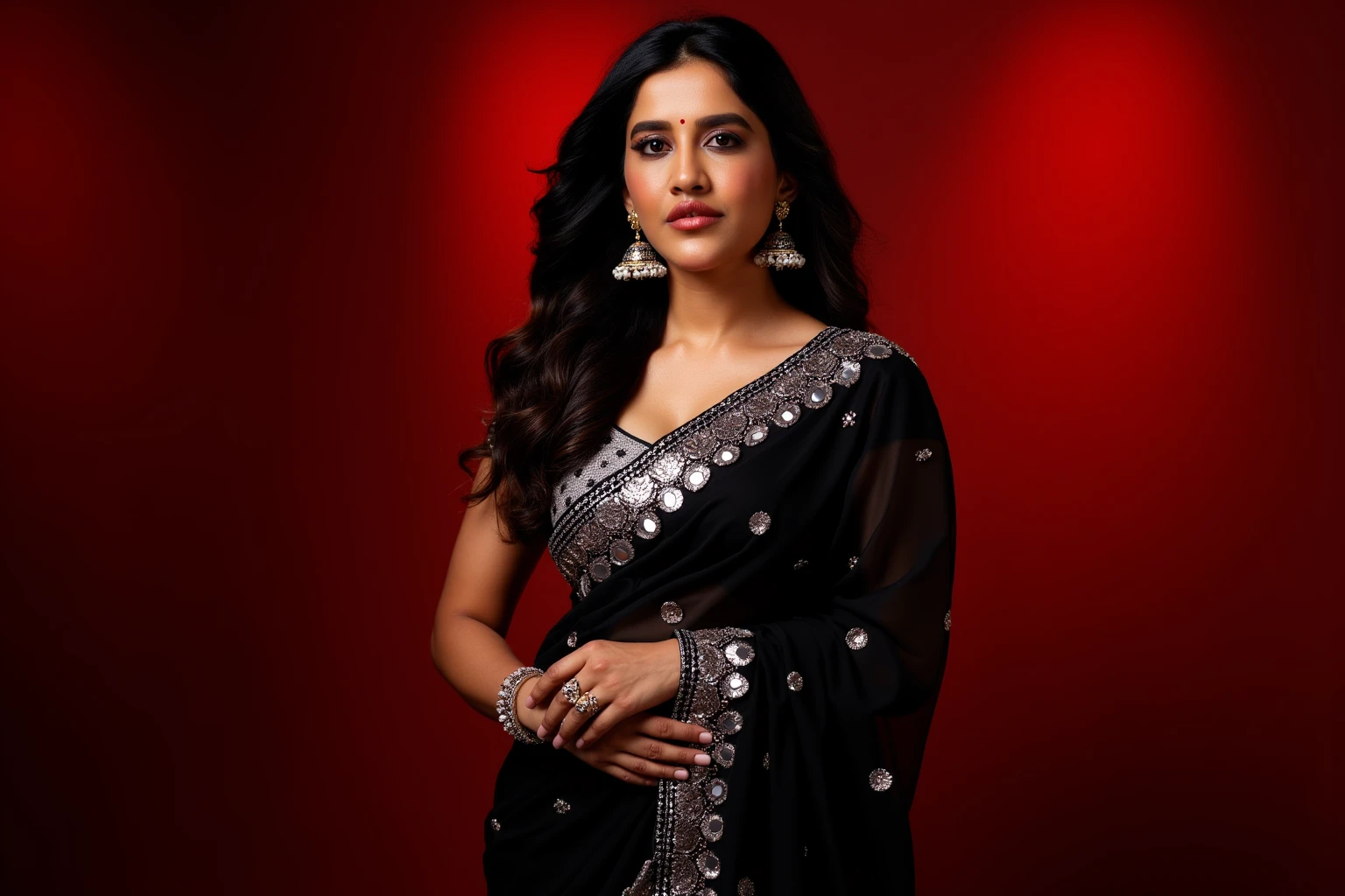 Create a stunning portrait of a nabhanateshukohwx confident woman in a modernized traditional Indian outfit. She is wearing a black saree with an elegant drape and intricate silver mirror work running along the borders. The saree has scattered, circular silver motifs embedded throughout, giving it a sophisticated shimmer. The blouse is an asymmetrical one-shoulder design, heavily embellished with a combination of intricate silver embroidery, mirror work, and metallic textures that complement the saree. The saree is paired with a delicately crafted silver waist chain adorned with tiny dangling charms for added elegance. Her accessories include large, intricately designed silver jhumka earrings, a stack of traditional silver bangles, and a small black bindi on her forehead, adding a touch of cultural authenticity. Her long, wavy black hair is left loose, styled naturally to frame her face. The background features a warm, ambient red lighting with a gradient effect, creating a bold and dramatic atmosphere. 