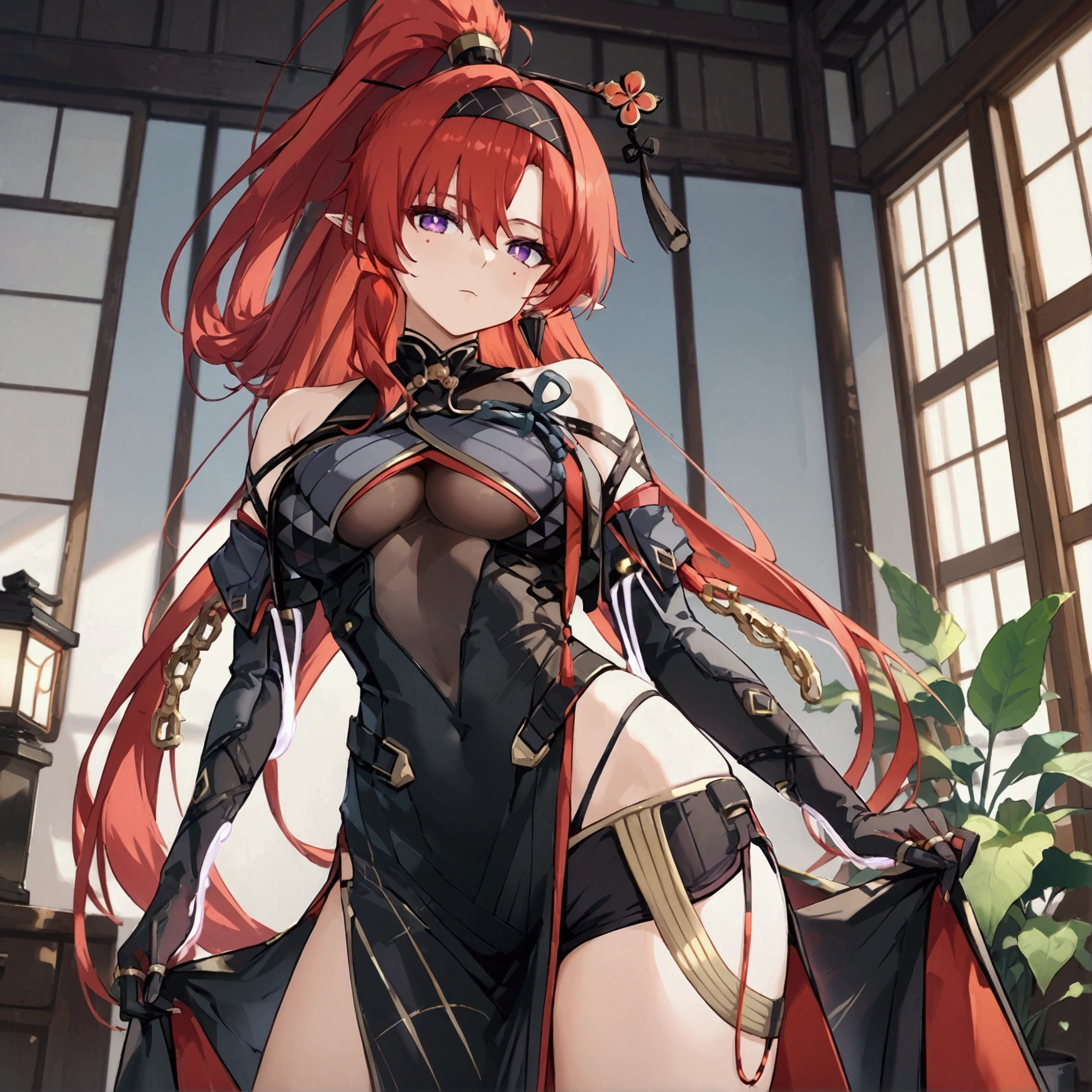 yinlin, purple eyes, pointy ears, red hair, absurdly long hair, high ponytail, hairband, hairpin, tassel, earring, mole, mole under eyes, katsuyamamage, detached sleeves, bare shoulders, black bodysuit, black gloves, black shorts, bodysuit, covered navel, elbow gloves, jewelry, pelvic curtain, short shorts, side slit, stand, Confident pose, Room, Displeased face, Beautiful view, good atmosphere, Thigh