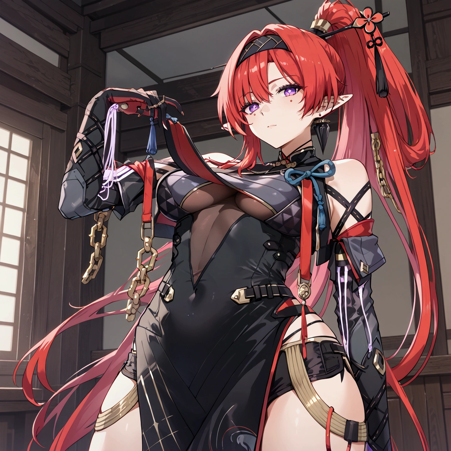 yinlin, purple eyes, pointy ears, red hair, absurdly long hair, high ponytail, hairband, hairpin, tassel, earring, mole, mole under eyes, katsuyamamage, detached sleeves, bare shoulders, black bodysuit, black gloves, black shorts, bodysuit, covered navel, elbow gloves, jewelry, pelvic curtain, short shorts, side slit, stand, Confident pose, Room, Displeased face, Beautiful view, good atmosphere, Thigh