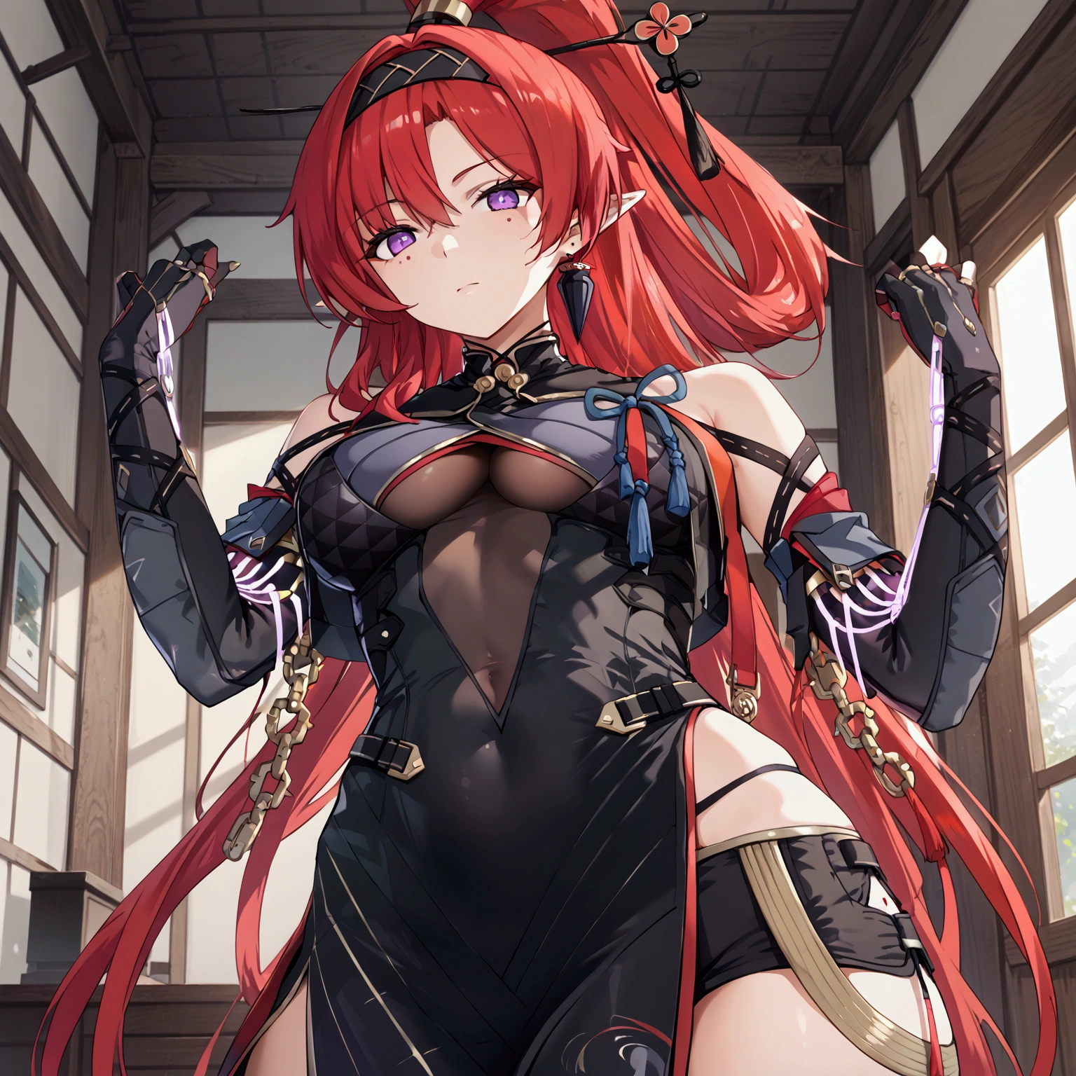 yinlin, purple eyes, pointy ears, red hair, absurdly long hair, high ponytail, hairband, hairpin, tassel, earring, mole, mole under eyes, katsuyamamage, detached sleeves, bare shoulders, black bodysuit, black gloves, black shorts, bodysuit, covered navel, elbow gloves, jewelry, pelvic curtain, short shorts, side slit, stand, Confident pose, Room, Displeased face, Beautiful view, good atmosphere, Thigh