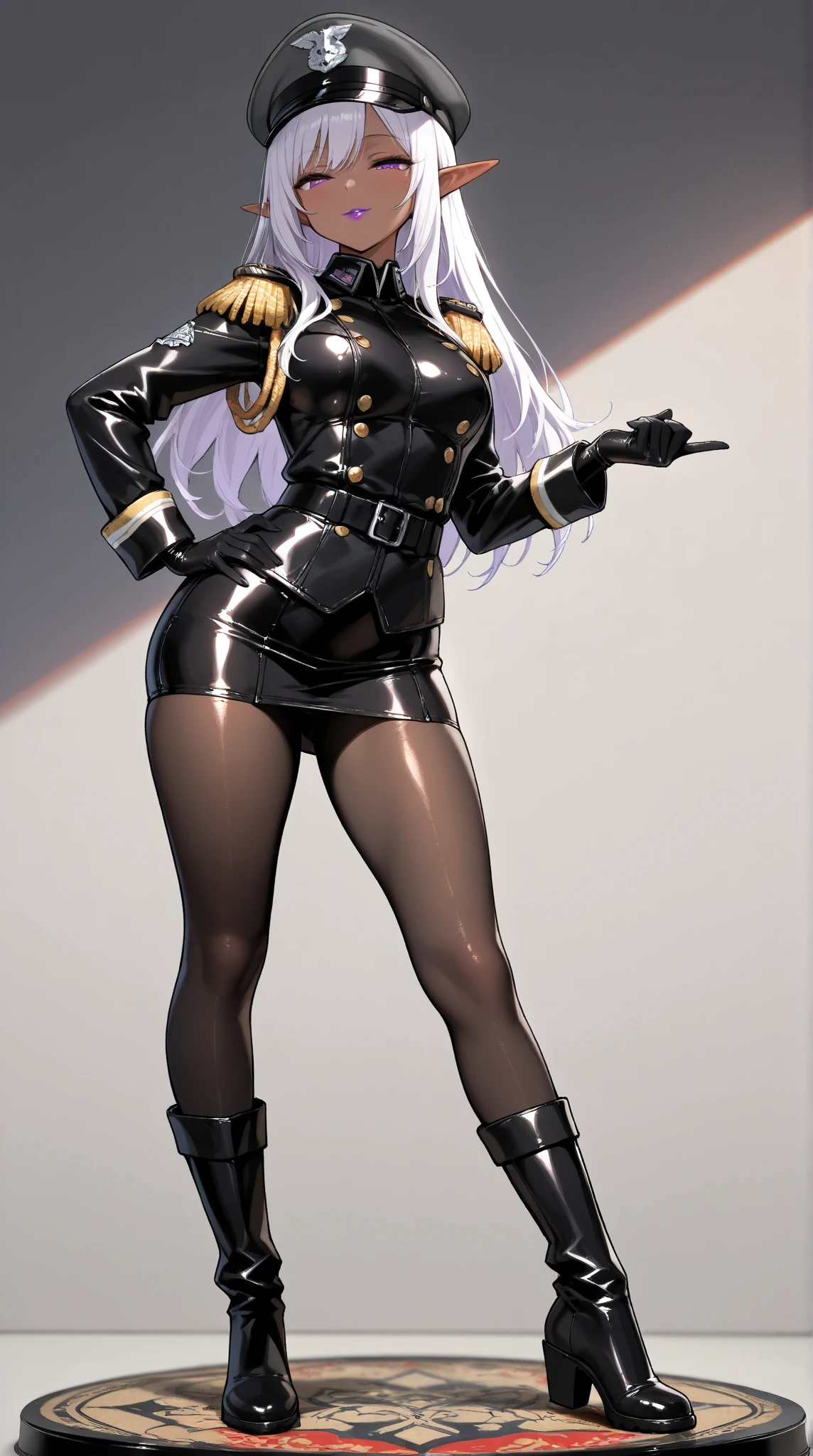  Young Beautiful Dark Elf Women ,(masterpiece, top quality , very detailed depiction, incredibly absurd high definition ,Curvaceous Body),(female cavalry officer , black latex military uniform with epaulettes, tight skirt , bodystocking , black tights, boots),( brown skin next to a woman:1.3, purple eyes, half-closed eyes,Glossy lipstick, slender figure,Beautiful legs,Beautiful thighs,High quality skin),( bewitching smile,Seductive gestures), full body image ,Dim atmosphere,Illuminated by light