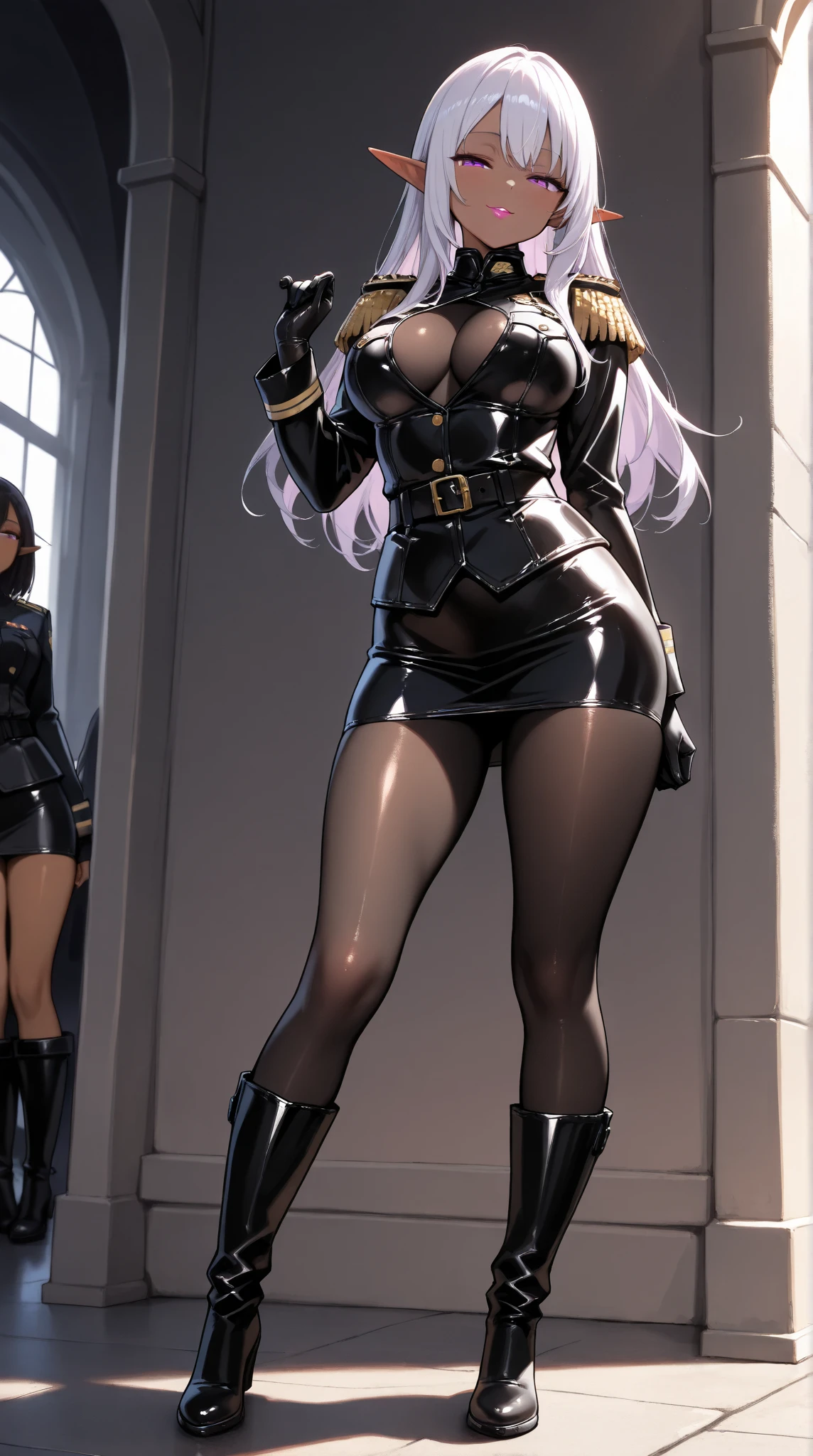  Young Beautiful Dark Elf Women ,(masterpiece, top quality , very detailed depiction, incredibly absurd high definition ,Curvaceous Body),(female cavalry officer , black latex military uniform with epaulettes, tight skirt , bodystocking , black tights, boots),( brown skin next to a woman:1.3, purple eyes, half-closed eyes,Glossy lipstick, slender figure,Beautiful legs,Beautiful thighs,High quality skin),( bewitching smile,Seductive gestures), full body image ,Dim atmosphere,Illuminated by light