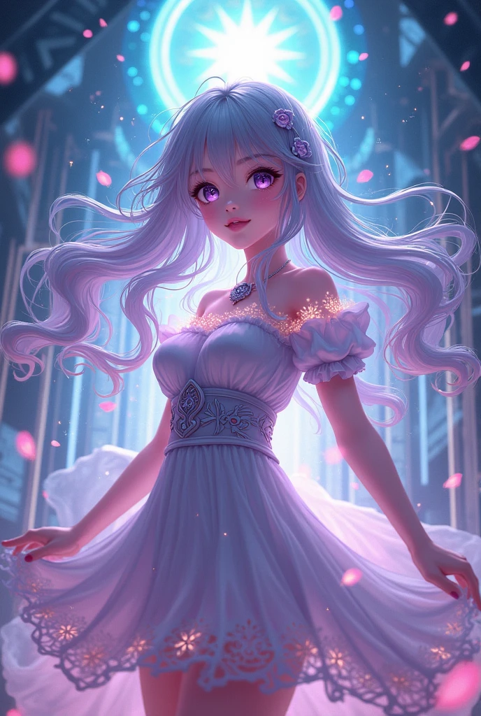 On top a lumionous platform)) is a beautiful ((smiling) girl long with plaited Sliver twin ponytail crystal earrings, bangless, pink and white leather ruffle skirt, attached to a straps going across her belly up to her strappes bikini top, straps attached to the bikini stop wraps around her arms,