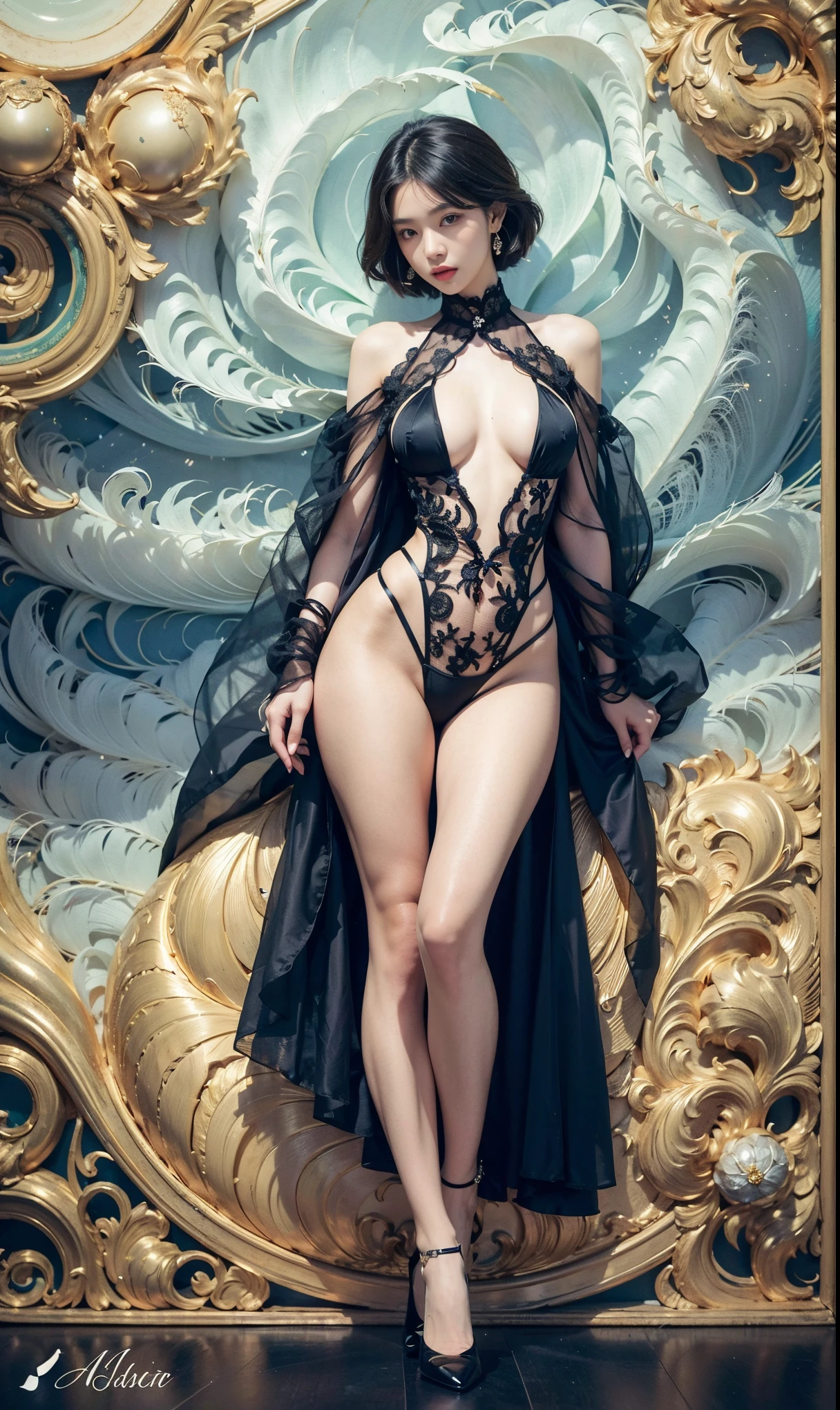 A goth pin picture (Elf: 1.4) as a sadistic queen (best details, masterpiece, best quality :1.5), Super detailed face (best details, masterpiece, best quality :1.5), Hyper-feminine (best details, masterpiece, best quality :1.5), Wearing black strappy underwear, black thong, small thong, Elf耳朵, long braids, comb hair back, blond, Modern bedroom background (best details, masterpiece, best quality :1.5), Super real pictures , best details, best quality, 16k, [Super detailed], masterpiece, best quality, (Very detailed), super wide shot, photorealism, depth of field, hyper-realistic