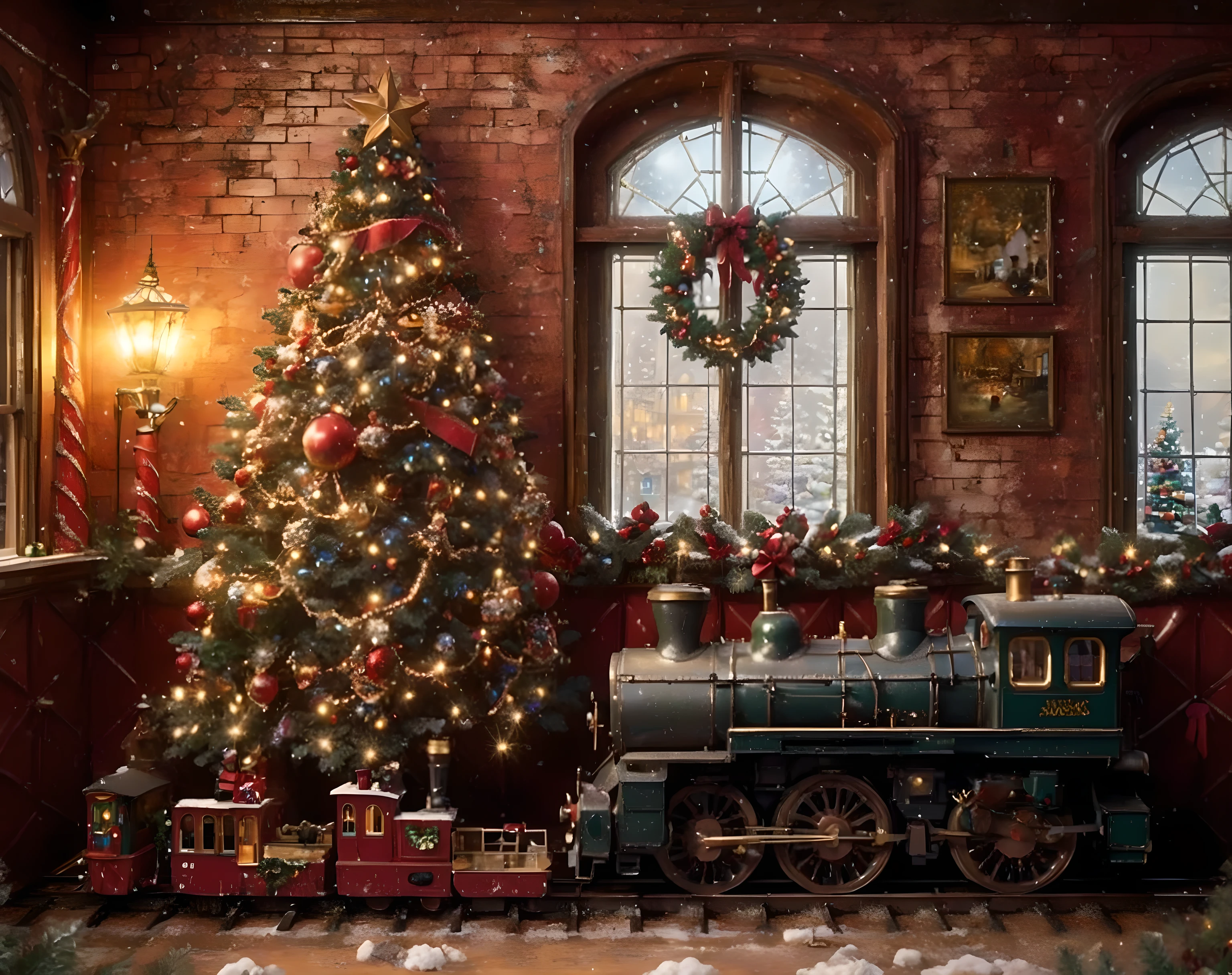 arafed train with christmas decorations and a christmas tree in a room, ( ( thomas kinkade ) ), santa's workshop, christmas night, a hyper realistic, 8k)), 8k high quality detailed art, by Harrington Mann, very realistic, by thomas kinkade, by Thomas Kinkade, by Howard Lyon, polar express, lavishly decorated