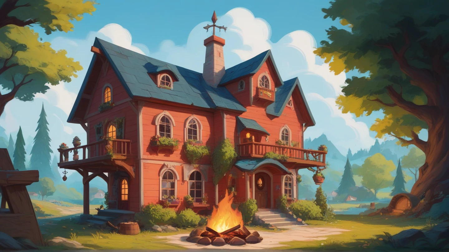 The image is a colorful illustration of a house with a sloping roof and a chimney. The house is surrounded by trees and there is a campfire burning in front of it. The fire is burning brightly and there are a few logs scattered around the house. The background is plain white. The overall style of the illustration is simple and minimalistic.