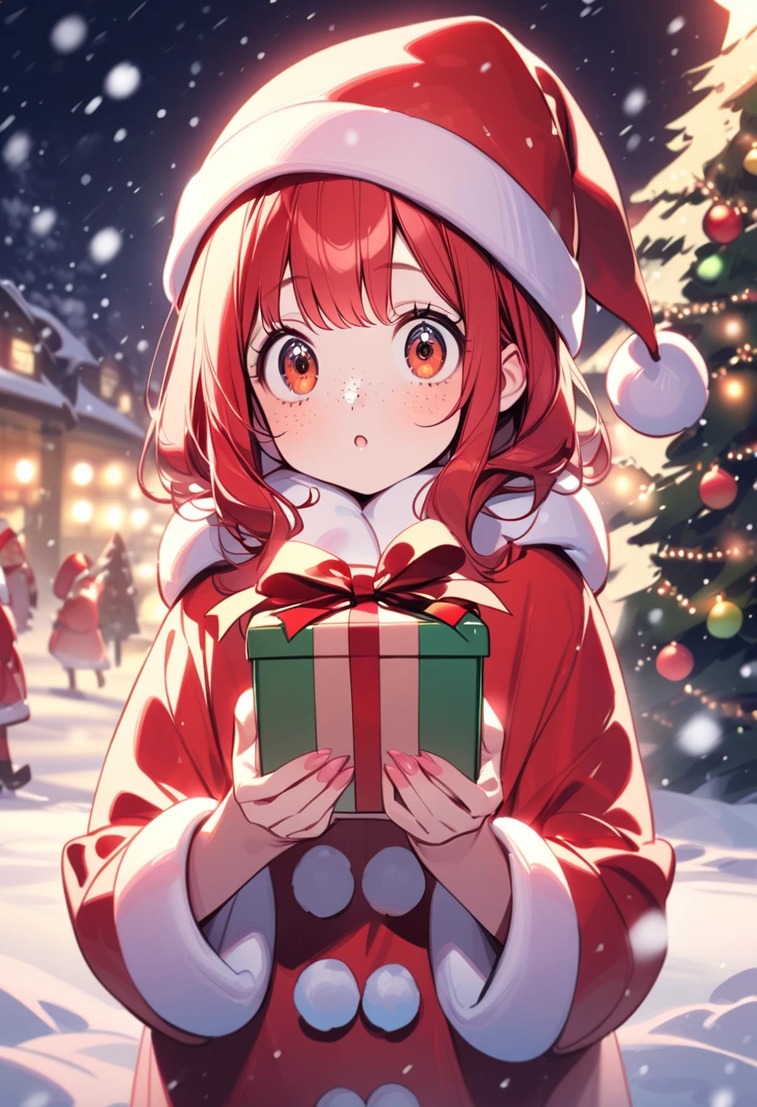 young girl(red hair, freckles, big eyes), santa fur coat, santa hat, night, she is standing near x-mas tree, outdoors, winter, snow, snowfall, she is holding giftbox, cute colors, pastel colors,