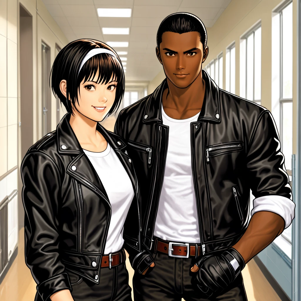 Couple, 1 woman, bust, smiling, short hair, bangs, dark skin, black hair, gloves, long sleeves, 1 man, collarbone, jacket, eyes closed, white T-shirt, upper body, opposite sex, open clothing, teeth, black gloves, belt, pants, indoor, dark skin, fingerless gloves, full smile, open jacket, ((( black jacket with rolled up arms)), brown belt, ((white headband)), bangs, school hallway, ^ ^, black pants, front view, rolled up sleeves, shirt tucked, leather, leather jacket,