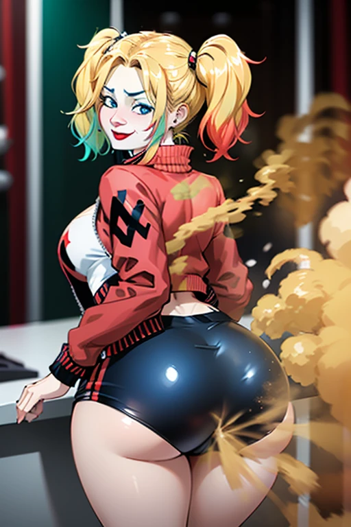  High resolution,  Precise,  HIGH QUALITY, HD model, harley quinn, 1 woman, Alone, white top,  red and blue open jacket, mini shorts,  blond hair ,  low twin tails ,  slim body, massive fart ,  greenish yellow smoke , blush, smile,  blue eyes, Desde atrás,  Big Butt, looking at the butt , ashamed