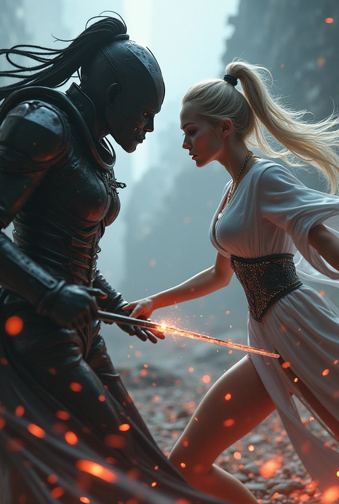 A swordsman fights an armed cyborg in the air at sunset
Insects