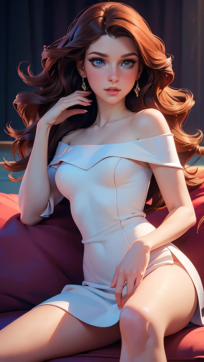 Photo Realistic Art Style Best Quality:1.3, Masterpiece, Natural Beauty, Elizabeth Olsen, Accurate Face Proportion, Full Body View, Slim and toned with a well-proportioned figure. Body shape Hourglass figure with defined waistline. Balanced proportions between shoulders and hips. Fair to light complexion with a natural, healthy glow. Eyes Shape: Almond-shaped, with a slightly upturned outer corner. Eyes Color: Light blue to greenish-blue, often described as striking and clear. Eyelashes: Naturally long and thick, often enhanced with mascara. Eyebrows: Well-defined and slightly arched, complementing her eye shape. Expression: Expressive and engaging, often conveying warmth and depth. Hair Medium to long, often styled in soft waves or loose curls. Hair Color Light to medium brown with subtle highlights, adding depth and dimension. Facial Features Oval-shaped face with high cheekbones. Expressive eyes, typically depicted with subtle makeup to enhance natural beauty. Full lips with a natural pink hue. Clothes: Actress Elizabeth Olsen graces the red carpet in a stunning, form-fitting dress that accentuates her silhouette. The dress, with its low-cut neckline, cleavage showing exudes elegance and sophistication, making a bold fashion statement. Her poised demeanor and radiant smile add to the allure of her chic ensemble