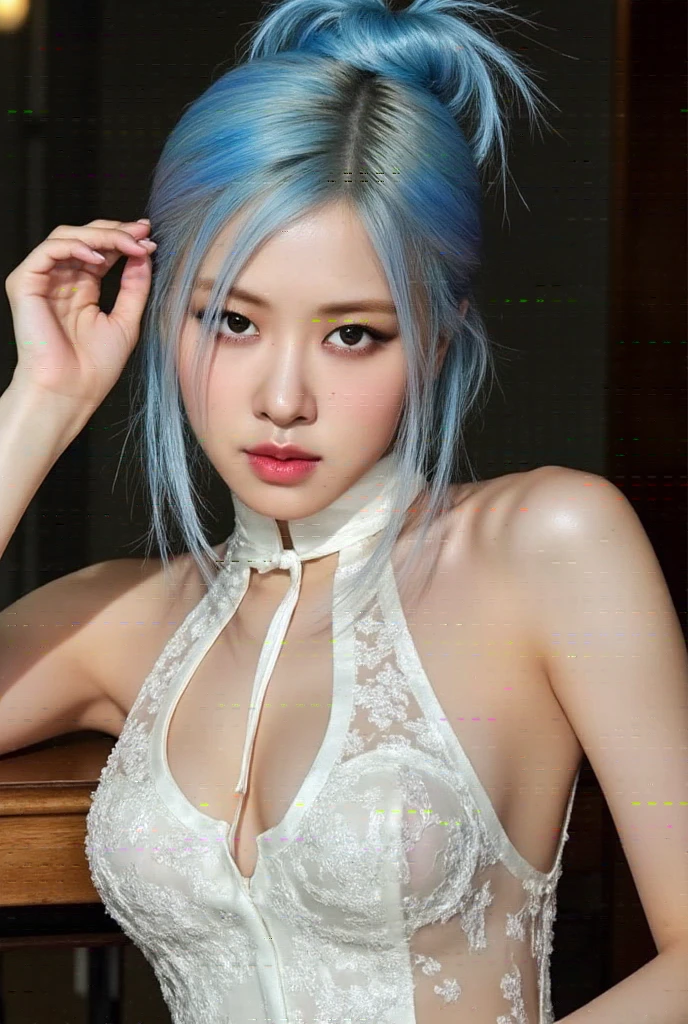 (chef-d'artwork, best quality: 1.2), (super detailed), (Illustration), super haute résolution, ultra delicate visage, delicate eyes, pupilles bleues, Finger details, fond d'screen, original, 1fille, messy white hair, Fines bretelles, jupe blanche, Jambes nues, Pieds nus, bras nus, Tout le corps, (surrounded by'splashes and dots colorful colorful dress), Colored bubbles, (brillant), fond simple