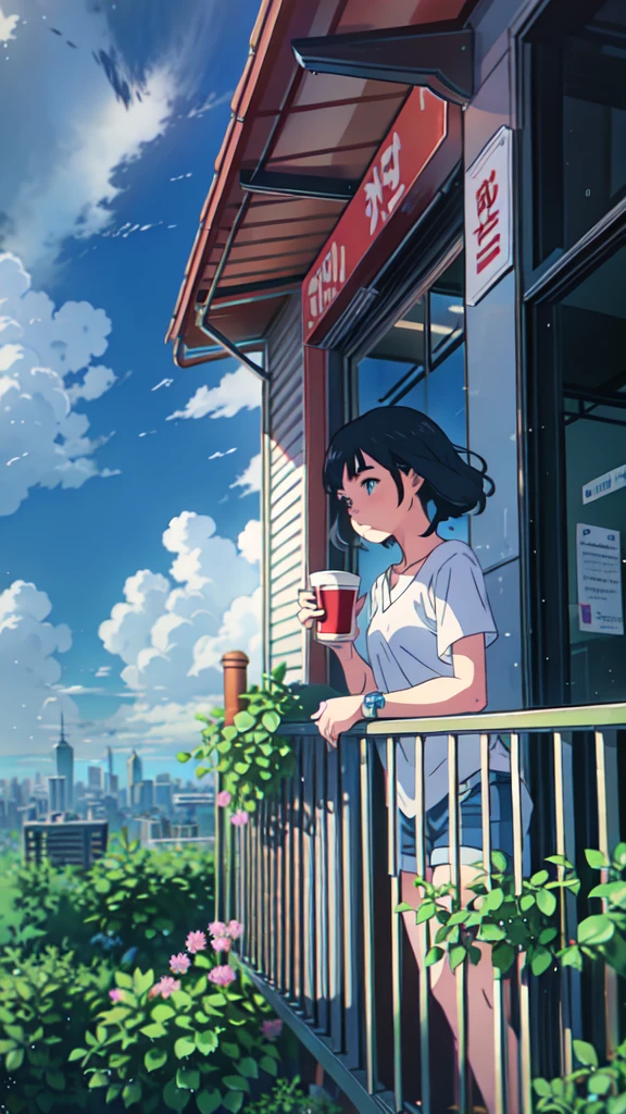 a girl standing on a balcony with a cup of coffee, cgsociety 9, chillhop, alena aenami and artgerm, makoto shinkai and artgerm, lofi girl aesthetic, anime scenery, makoto shinkai and (cain kuga), lofi aesthetic, anime landscape, anime nature, roof background, anime wallaper