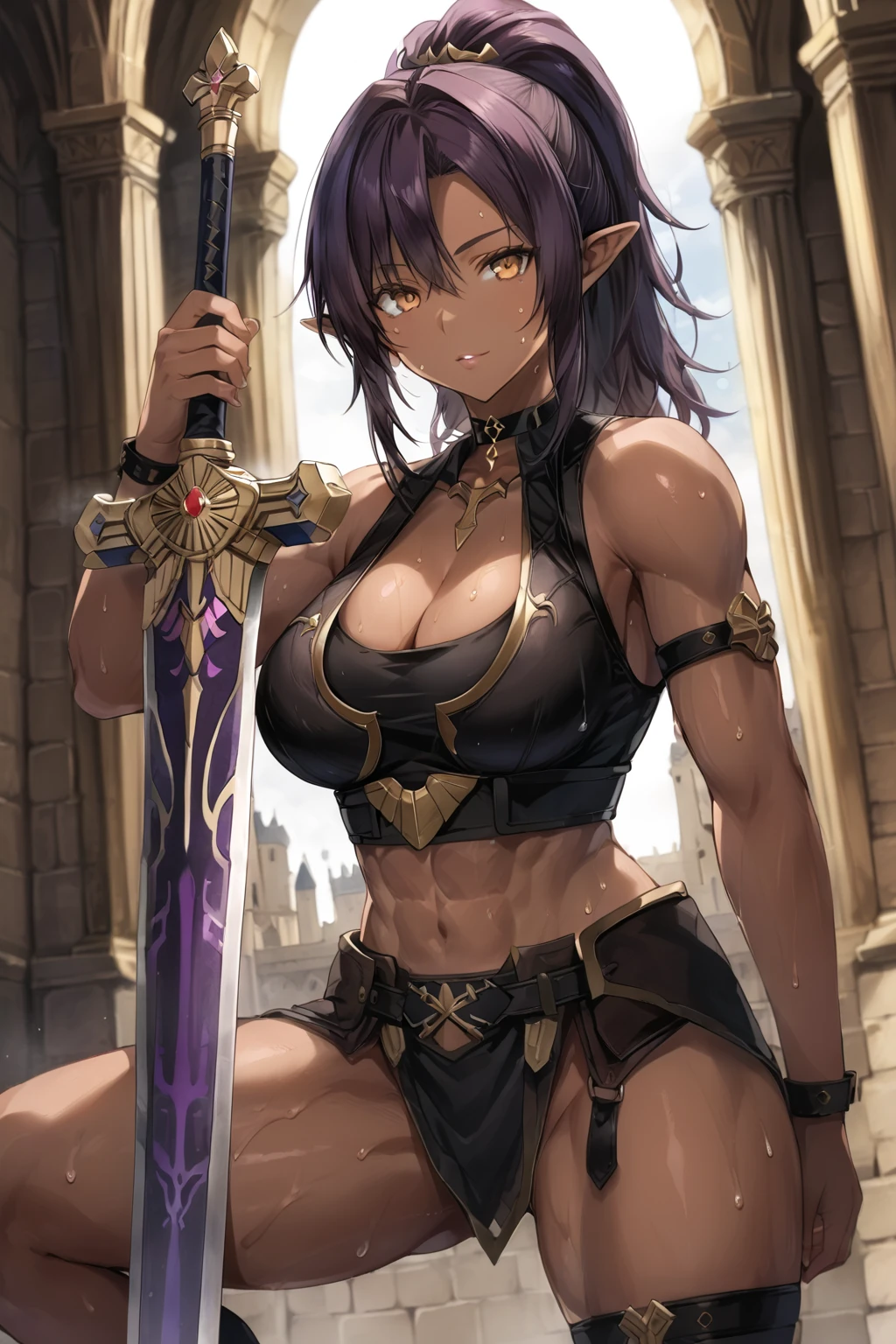 source_anime, best quality, masterpiece, (dark skin woman:1), solo,, dark purple hair, bare shoulders, sleeveless, cleavage, bare arms, looking at viewer, (black bikini armor), cleavage cutout, (dark skin:1.3), castle, (muscular thick legs:1), (very thick thighs), choker, pointy ears, middle hair, amber eyes, (sweat:1.3), clear face, (cowboy shot:1.3), low ponytail, leg belt, planted-short sword, holding_sword, squatting, open legs,