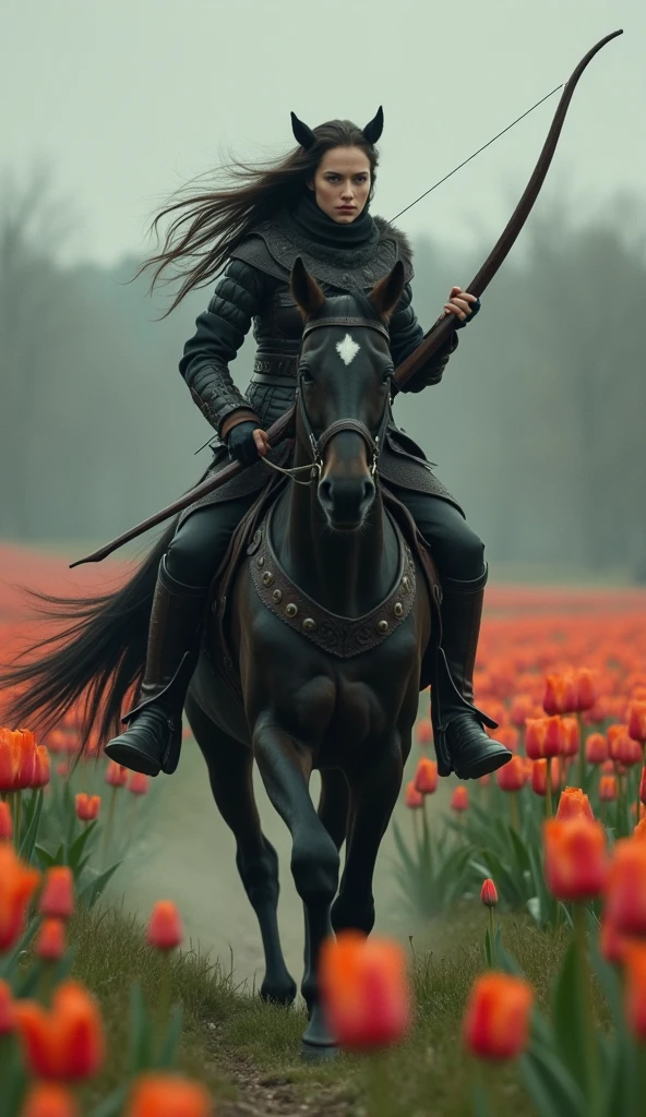 black fantasy, sinister atmosphere, Female elf archer, light leather armor, fast gallop on horseback through a field of wild tulips, detailded, profile pic, full body shot shot, disheveled hair from running, wide-angle shot