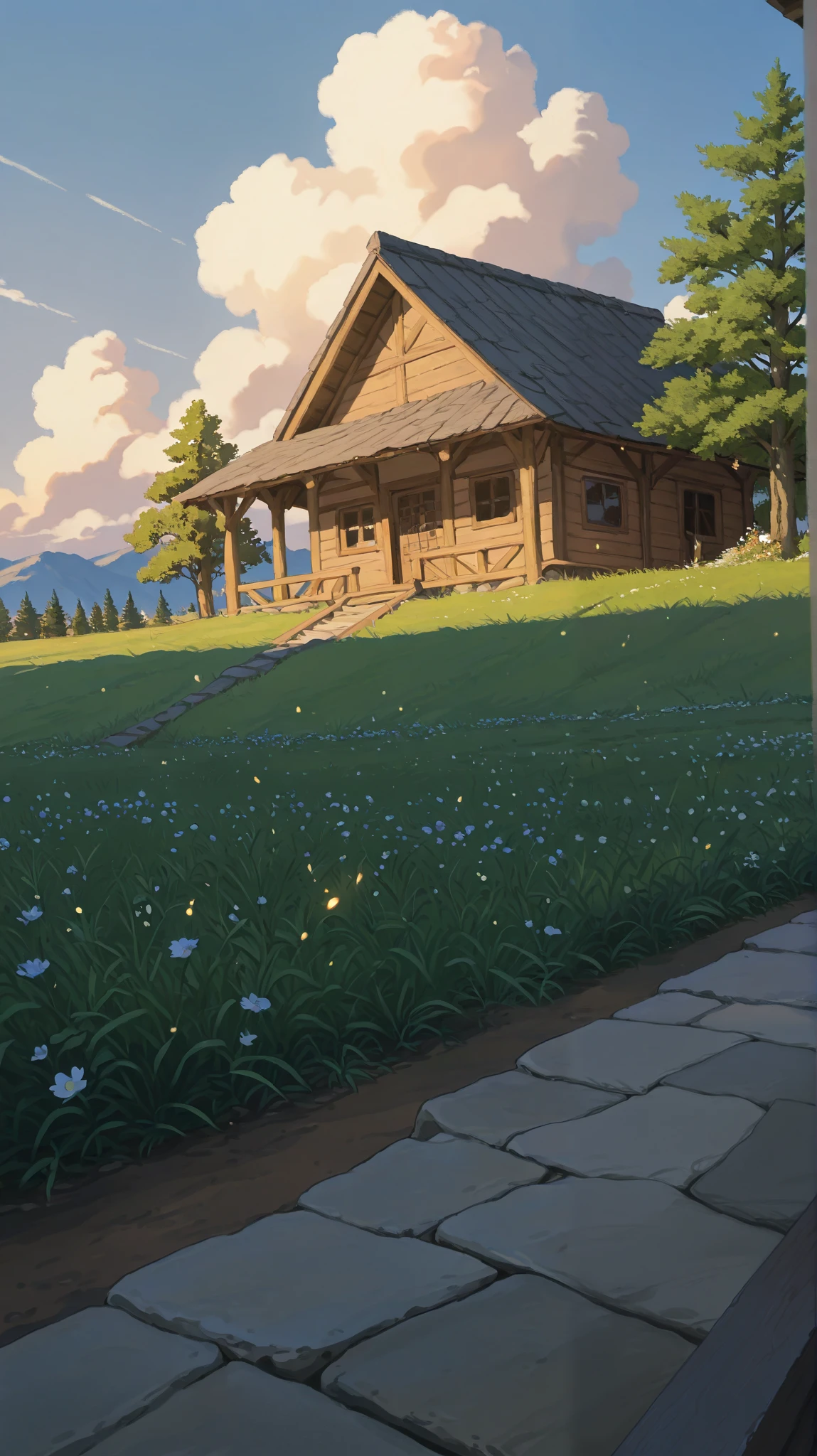 "A beautifully crafted, modern wooden house with clean architectural lines and a warm, rustic charm, situated in vast, rolling green fields covered with vibrant grass and scattered wildflowers. The house features a slanted roof, large windows reflecting the sunlight, and a small veranda with wooden railings that blend seamlessly into the natural surroundings. A grand, ancient tree with a wide canopy stands majestically beside the house, its branches reaching out to provide a calming shade. The perspective is slightly zoomed out, showcasing the vastness of the serene landscape and the sky above, painted with soft, fluffy white clouds floating in a gentle breeze. Near the entrance of the house, a neatly designed fire stand with glowing embers flickers warmly, casting soft light and subtle shadows on the wooden facade. The entire scene is drawn in an ultra-detailed anime style, with vibrant, high-contrast colors, precise shading, and an immersive, cinematic composition, evoking a feeling of peaceful solitude and harmony with nature."