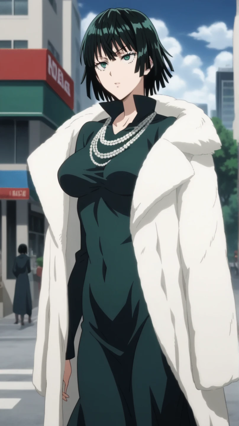 Fubuki,one punch man,city,perfect body,large breast,detailed face,green eyes,perfect lighting,big ass,black dress,dress,fur coat,high collar,jewelry,necklace,off shoulder,taut clothes,taut dress,,collapse face,stomach distension,large penis,venous penis,source_anime,masterpiece,best quality,highres,absurdres,official art,official style,source_anime,anime screencap,anime coloring,megami magazine,anime,animated,explicit, shiny skin,