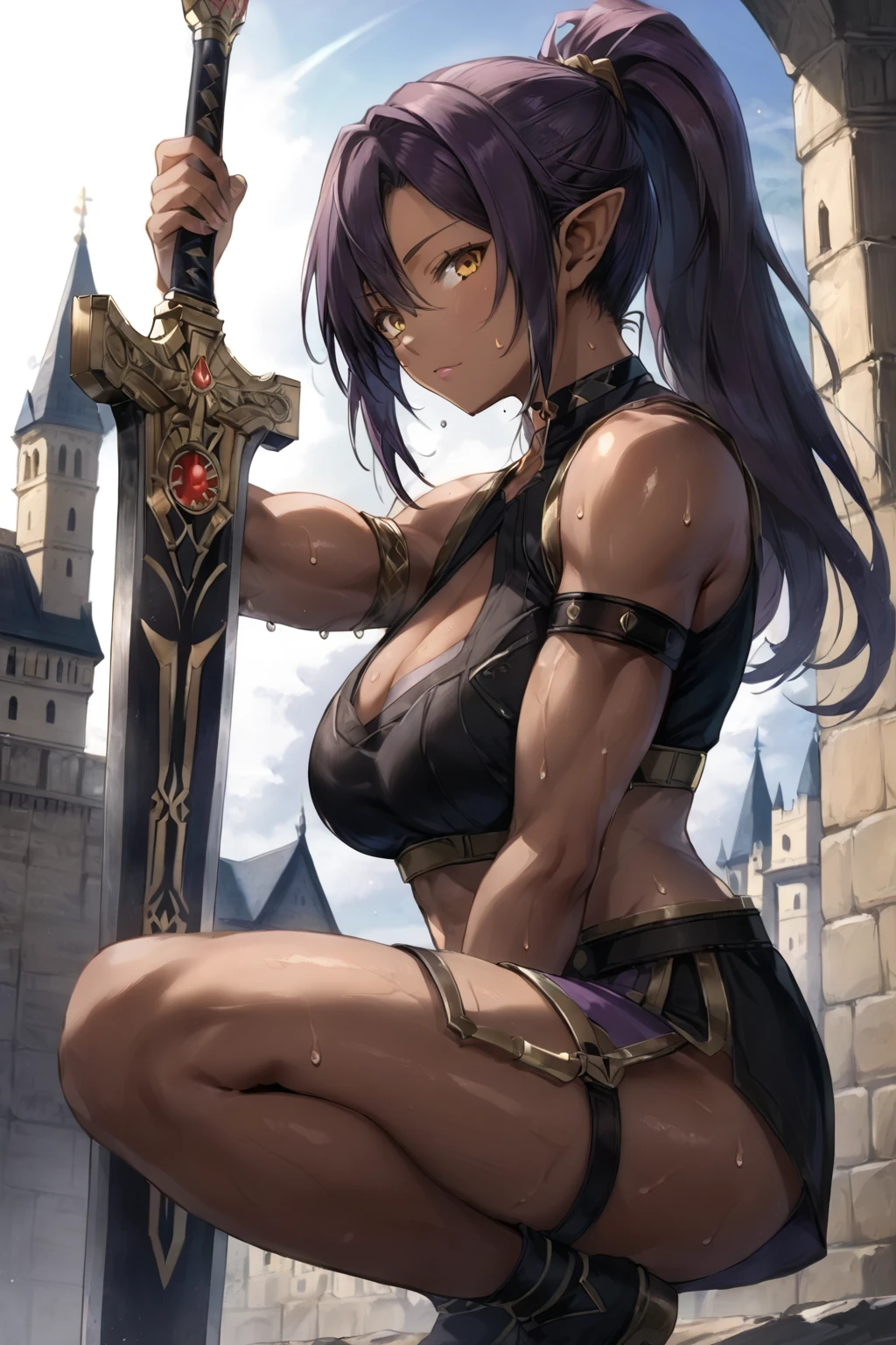 source_anime, best quality, masterpiece, (dark skin woman:1), solo,, dark purple hair, bare shoulders, sleeveless, cleavage, bare arms, looking at viewer, (black bikini armor), cleavage cutout, (dark skin:1.3), castle, (muscular thick legs:1), (very thick thighs), choker, pointy ears, middle hair, amber eyes, (sweat:1.3), clear face, (cowboy shot), low ponytail, leg belt, planted-short sword, holding_sword, squatting, open legs, from side,