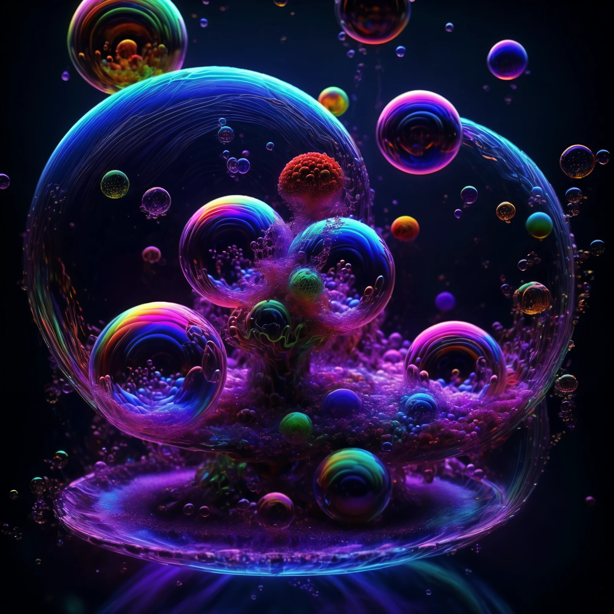 A close up of beautiful bubbles floating on top of each other, LSD, DMT imagery. octane render, psychedelic droplets of water, abstract liquid, and intricate rainbow art. octane render, black 3d fluid simulation,  ethereal bubbles, swirling liquids, and highly detailed, octane render, reflective rainbow bubbles, twisted colors inside of glass spheres, Psilocybin Dream inside an amazing image of light emerging from colors in a shimmering glass morphing out of colors, bright neon and fluorescent colors,very bright, vibrant colors, perfectly formed and symmetrical reflective bubbles and spheres, attention to detail with these beautiful bubbles and spheres, Extreme Hallucinations in a gorgeous piece of  psychedelic digital artwork, Stunning, pixel art, tripped out colors, 4d mandelbulb psychedelics, glass like psychedelic landscape, intricate rainbow environment, psychedelic underwater brightness and glow with neon colors, glowing colors twist inside of translucent glass spheres and bubbles with light and color reflecting off of both in bright fluorescent colors, psychedelic trip, fluorescent and neon aesthetic, psychedelic vibrant colors, bright psychedelic paint splattered backgrounds,swirling spirals and vortex, bright vibrant colors popping out from 3d glass spheres, Rotational Symmetry, Pixel Assets, Portrait photography, Surrealism, Photorealistic, Hyperdetailed, Glass Morphism, Digital Art, Sparkle, Optical Illusion, Glowing Light, Reflective Light, Overexposure, Backlighting, Depth Of Field, Spheres and bubbles show perfect Symmetry, UHD, High Details, High Quality, Super Detailed, Full Focus, Awe inspiring, Shockingly unique wallpaper art, Breathtaking, Indescribably Beautiful, Heaven sent images, Best Quality, Award Winning, MasterpieceA close up of beautiful bubbles floating on top of each other, LSD, DMT imagery. octane render, psychedelic droplets of water, abstract liquid, and intricate rainbow art. octane render, black 3d fluid simulation,  ethereal bubbl