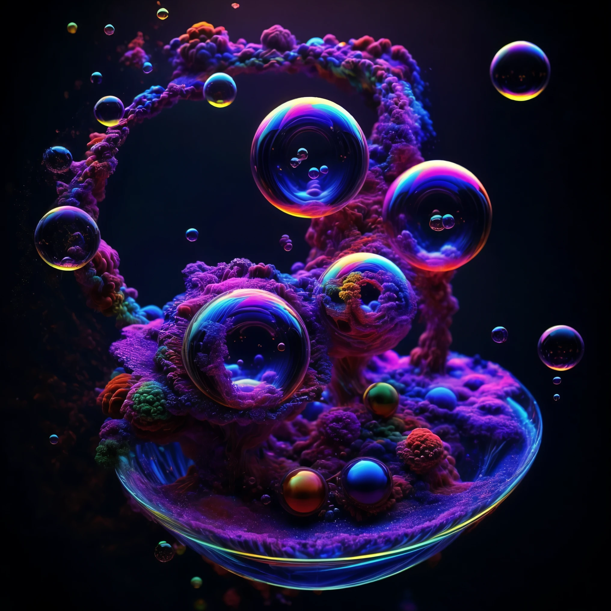 A close up of beautiful bubbles floating on top of each other, LSD, DMT imagery. octane render, psychedelic droplets of water, abstract liquid, and intricate rainbow art. octane render, black 3d fluid simulation,  ethereal bubbles, swirling liquids, and highly detailed, octane render, reflective rainbow bubbles, twisted colors inside of glass spheres, Psilocybin Dream inside an amazing image of light emerging from colors in a shimmering glass morphing out of colors, bright neon and fluorescent colors,very bright, vibrant colors, perfectly formed and symmetrical reflective bubbles and spheres, attention to detail with these beautiful bubbles and spheres, Extreme Hallucinations in a gorgeous piece of  psychedelic digital artwork, Stunning, pixel art, tripped out colors, 4d mandelbulb psychedelics, glass like psychedelic landscape, intricate rainbow environment, psychedelic underwater brightness and glow with neon colors, glowing colors twist inside of translucent glass spheres and bubbles with light and color reflecting off of both in bright fluorescent colors, psychedelic trip, fluorescent and neon aesthetic, psychedelic vibrant colors, bright psychedelic paint splattered backgrounds,swirling spirals and vortex, bright vibrant colors popping out from 3d glass spheres, Rotational Symmetry, Pixel Assets, Portrait photography, Surrealism, Photorealistic, Hyperdetailed, Glass Morphism, Digital Art, Sparkle, Optical Illusion, Glowing Light, Reflective Light, Overexposure, Backlighting, Depth Of Field, Spheres and bubbles show perfect Symmetry, UHD, High Details, High Quality, Super Detailed, Full Focus, Awe inspiring, Shockingly unique wallpaper art, Breathtaking, Indescribably Beautiful, Heaven sent images, Best Quality, Award Winning, MasterpieceA close up of beautiful bubbles floating on top of each other, LSD, DMT imagery. octane render, psychedelic droplets of water, abstract liquid, and intricate rainbow art. octane render, black 3d fluid simulation,  ethereal bubbl