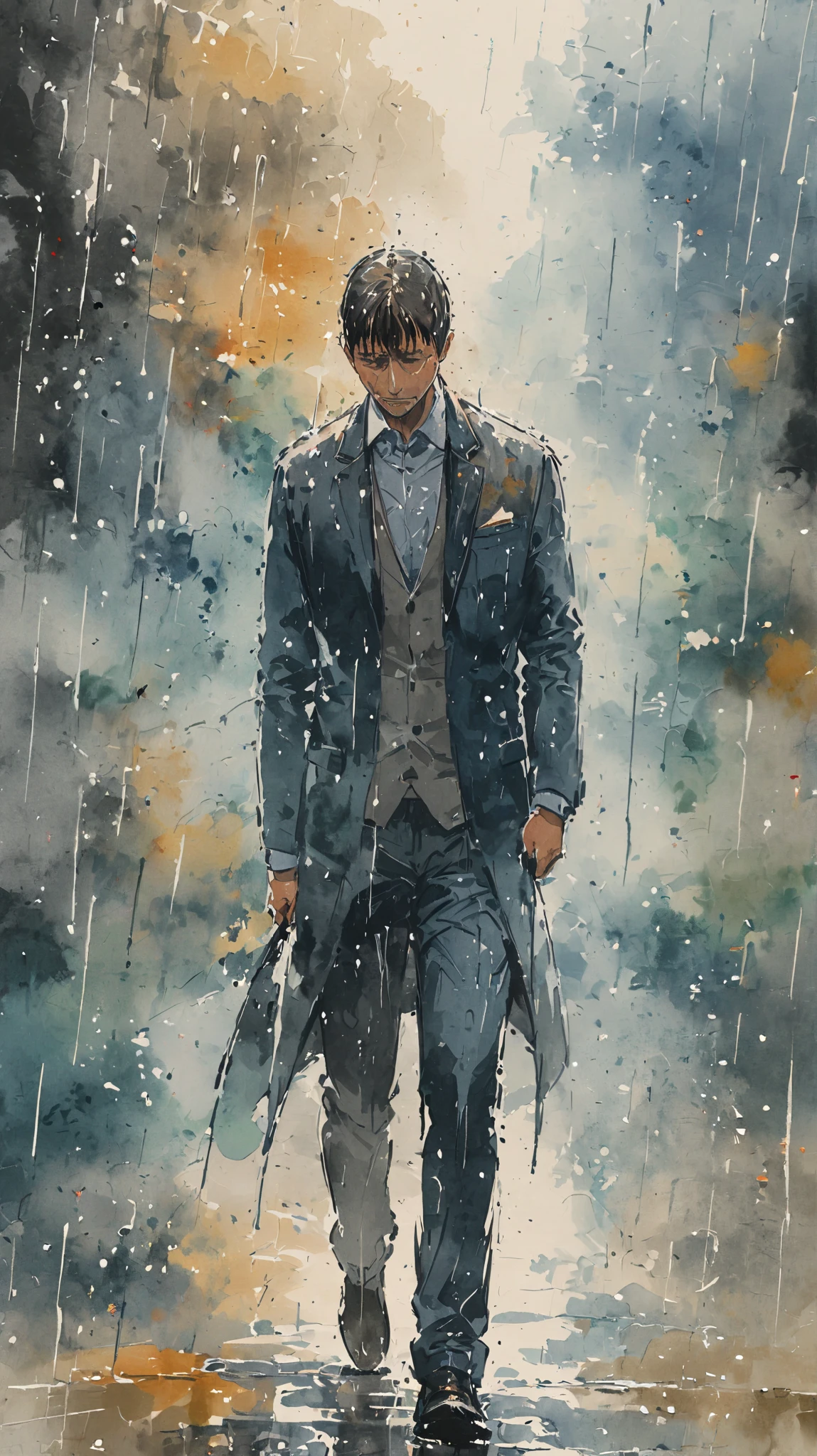 watercolor painting of a man in suit in the rain. full body shot of the man who is soaked under the rain. he tilts his head up to face the rain, the rainwater flows down his face. he is walking in the street, holding his hands out to feel the rain. watercolor brushes stroke painting style. the sky is dark.