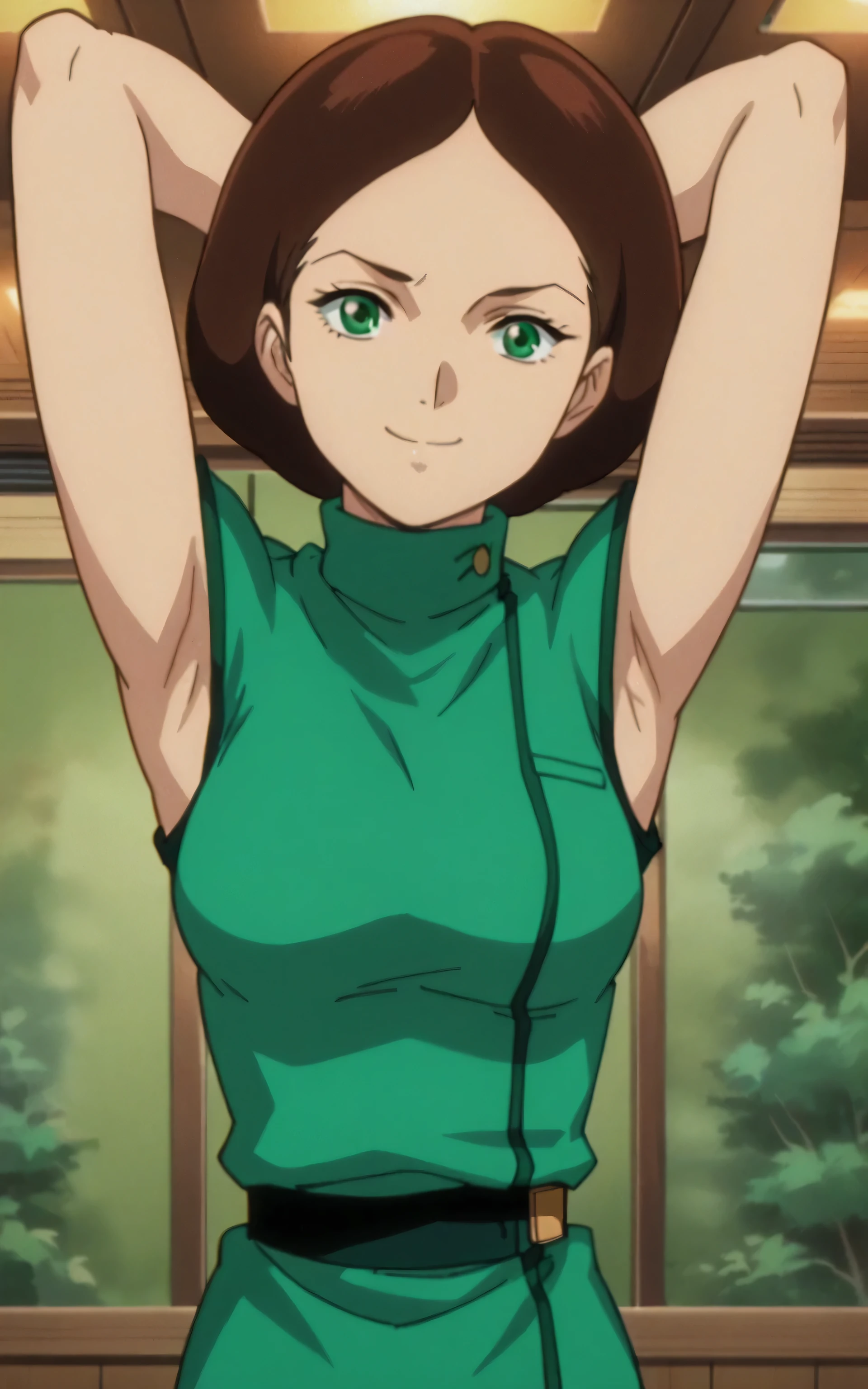 score_9, score_8_up, score_7_up, source_anime, anime screencap, 1girl, solo, EmmaSheen, brown hair, short hair, green eyes, medium breasts, green uniform, turtleneck, sleeveless, arms behind head, armpits, looking at viewer, head towards viewer, smile, badhandv4, indoors, closed mouth, anime coloring 