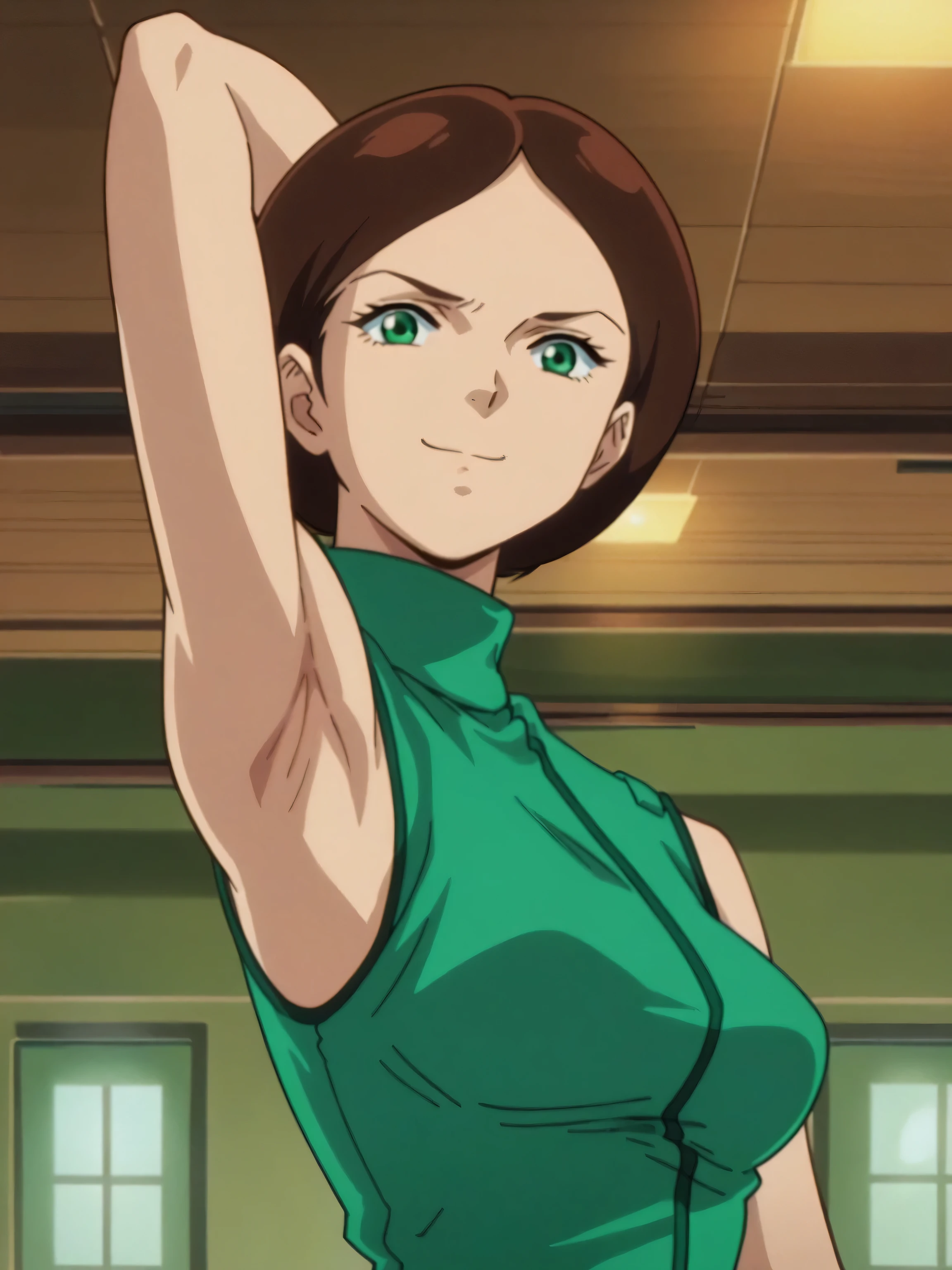 score_9, score_8_up, score_7_up, source_anime, anime screencap, 1girl, solo, EmmaSheen, brown hair, short hair, green eyes, medium breasts, green uniform, turtleneck, sleeveless, arms behind head, armpits, looking at viewer, head towards viewer, smile, badhandv4, indoors, closed mouth, anime coloring 