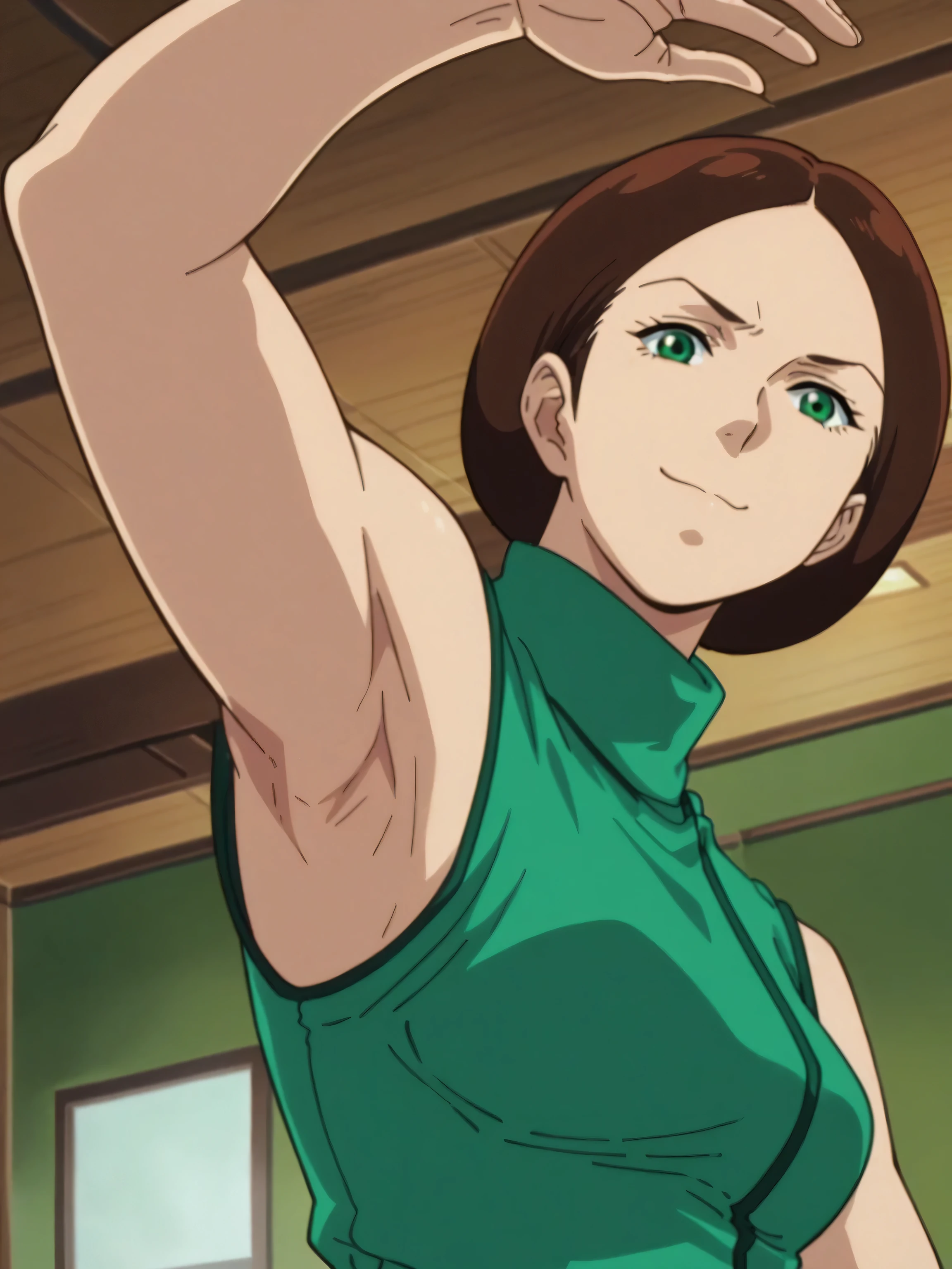 score_9, score_8_up, score_7_up, source_anime, anime screencap, 1girl, solo, EmmaSheen, brown hair, short hair, green eyes, medium breasts, green uniform, turtleneck, sleeveless, arm up, raised arm, armpit, (looking at viewer:1.2), head towards viewer, smile, badhandv4, indoors, closed mouth, anime coloring, from side, from below 