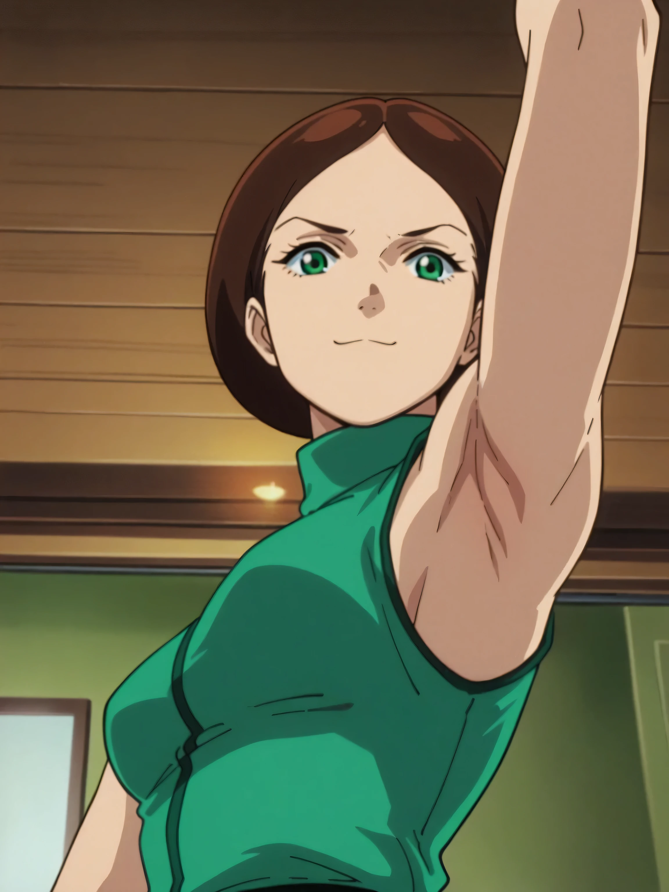 score_9, score_8_up, score_7_up, source_anime, anime screencap, 1girl, solo, EmmaSheen, brown hair, short hair, green eyes, medium breasts, green uniform, turtleneck, sleeveless, arms behind head, armpits, looking at viewer, head towards viewer, smile, badhandv4, indoors, closed mouth, anime coloring 