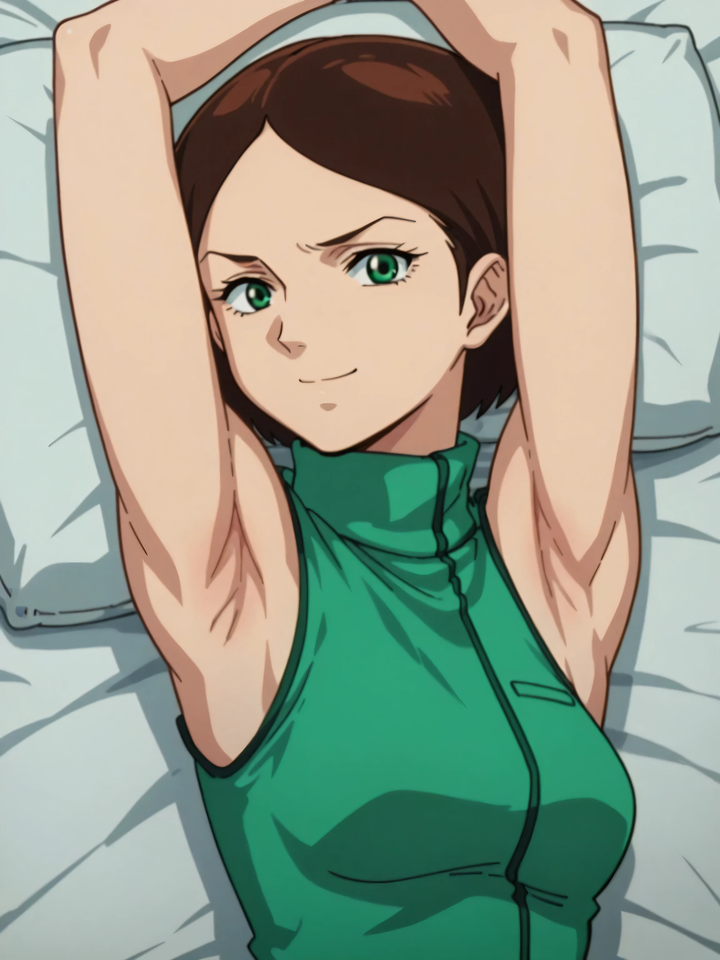 score_9, score_8_up, score_7_up, source_anime, anime screencap, 1girl, solo, EmmaSheen, brown hair, short hair, green eyes, medium breasts, green uniform, turtleneck, sleeveless, arms behind head, armpits, looking at viewer, head towards viewer, smile, badhandv4, indoors, closed mouth, anime coloring 