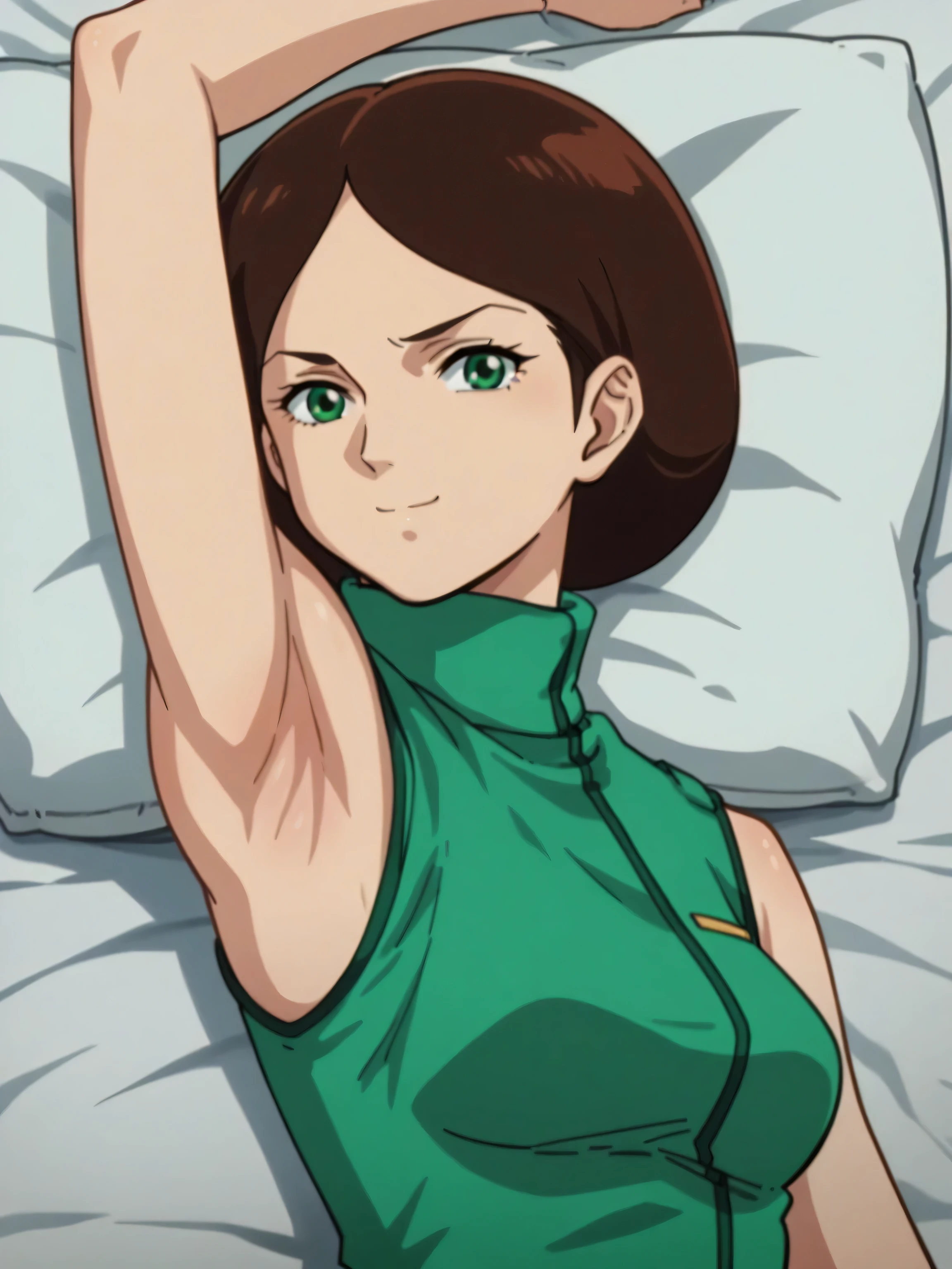 score_9, score_8_up, score_7_up, source_anime, anime screencap, 1girl, solo, EmmaSheen, brown hair, short hair, green eyes, medium breasts, green uniform, turtleneck, sleeveless, arms behind head, armpits, looking at viewer, head towards viewer, smile, badhandv4, indoors, closed mouth, anime coloring 